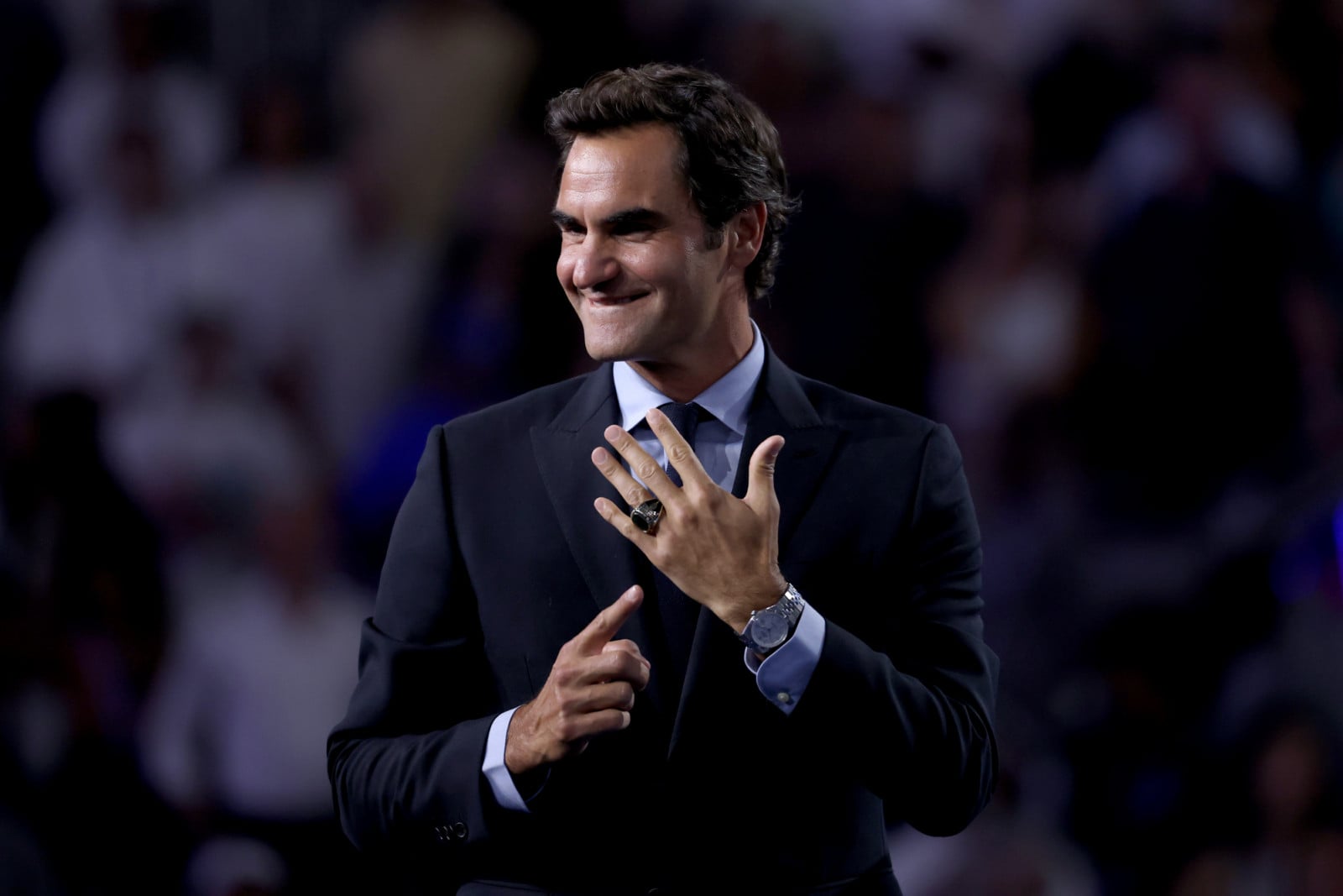 NEW YORK, NEW YORK - AUGUST 31: Inductee Roger Federer reacts after receiving his ITHF ring on Day Two of the 2026 US Open at USTA Billie Jean King National Tennis Center on August 31, 2026 in the Flushing neighborhood of the Queens borough of New York City. (Photo by Patrick Smith/Getty Images)