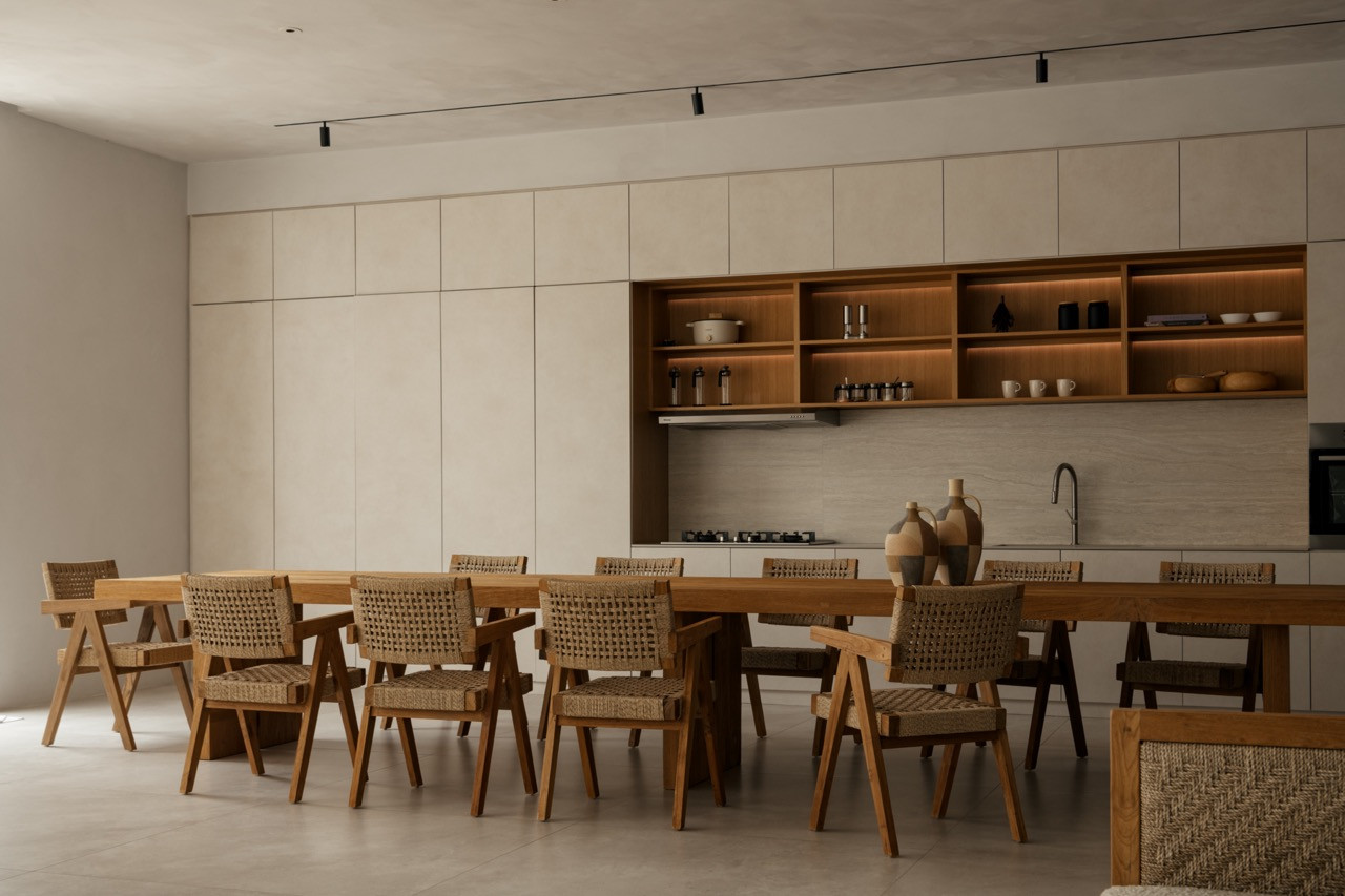 A wider view of the kitchen and its long teak dining table, seating eight on woven-backed chairs