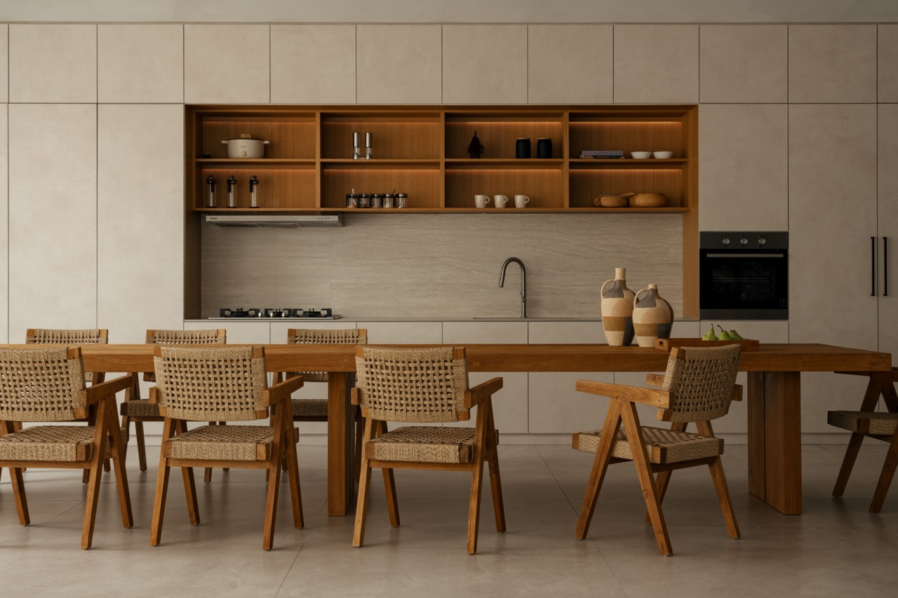 The open-concept kitchen, with backlit teak shelving set into pale cabinetry above the cooktop and sink