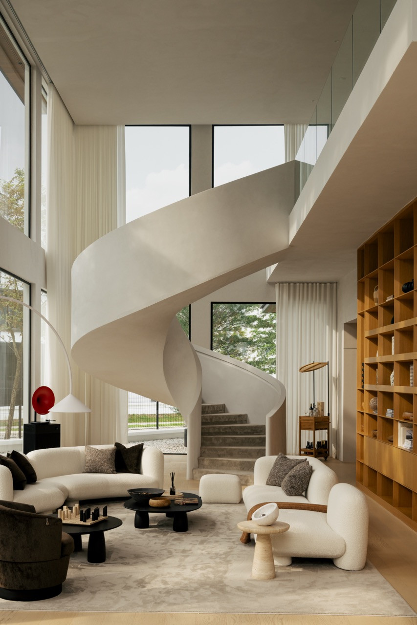 A closer view of the staircase’s curved underside, with its proportions refined over several rounds of adjustment