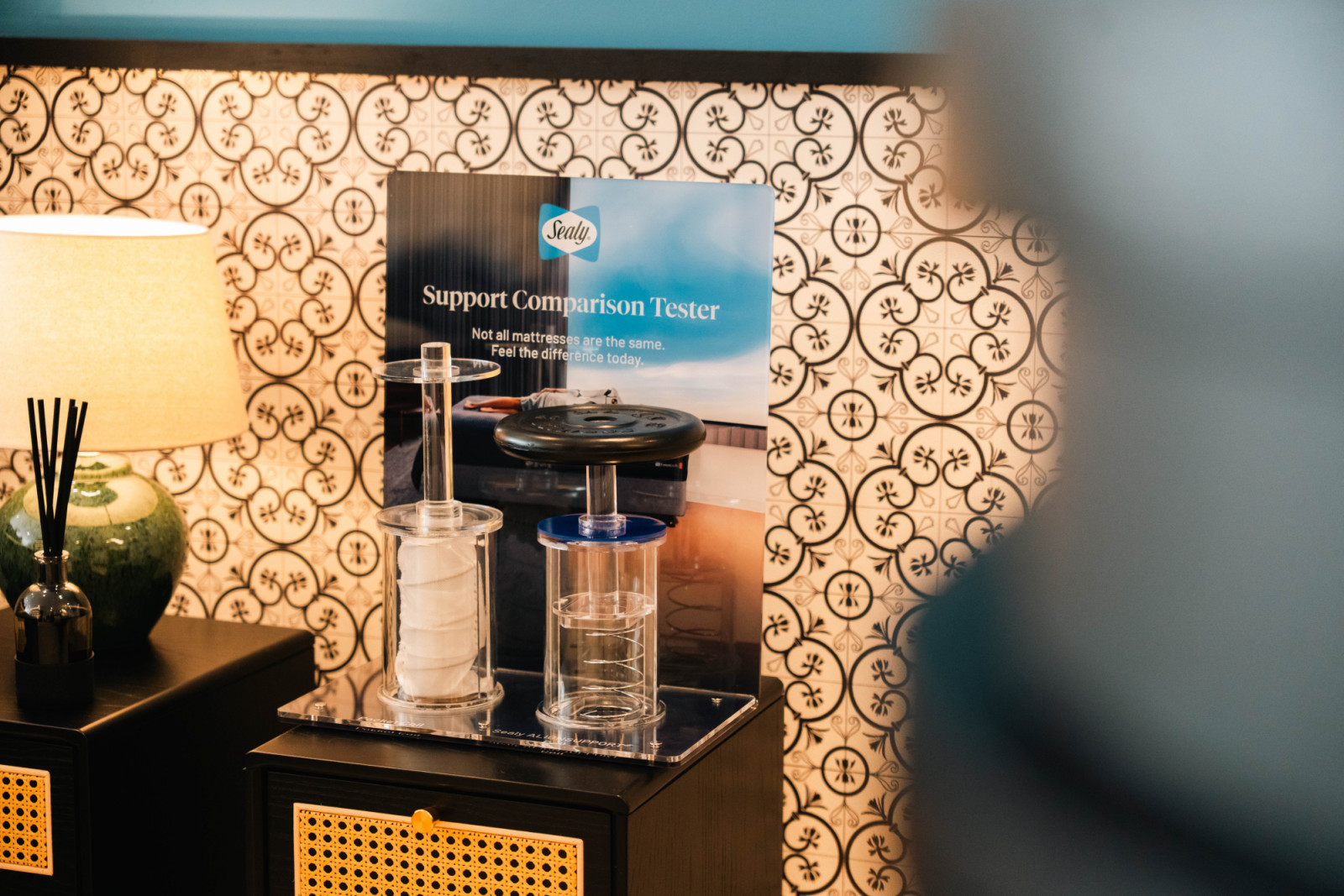 The Support Comparison Tester lets customers see and feel, the difference between Sealy’s coil technology and conventional spring systems