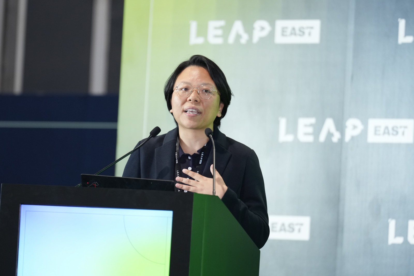 Tian Zhu speaking at the 2026 LEAP East tech conference in Hong Kong (Photo: LEAP East)