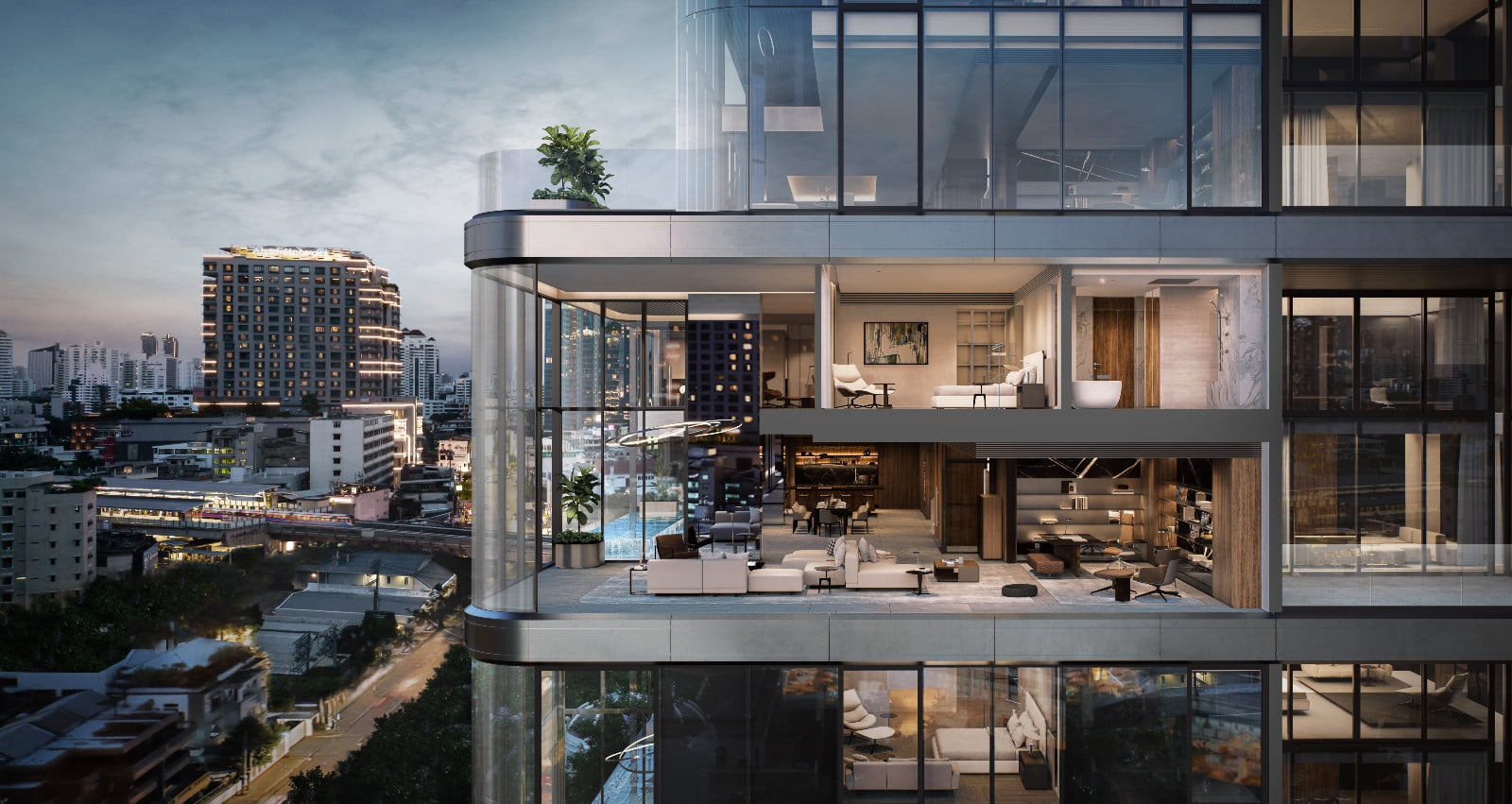 Spacious, multi-level residences feature panoramic city views and luxurious interiors at the Porsche Design Tower.