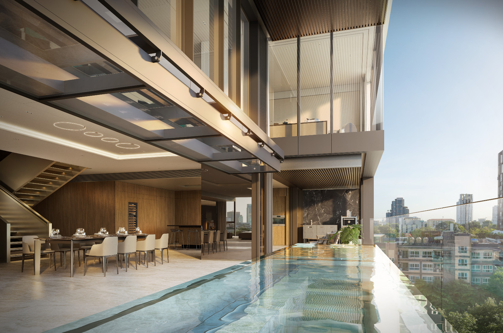 A residence at Porsche Design Tower features a private infinity pool and sweeping city views.