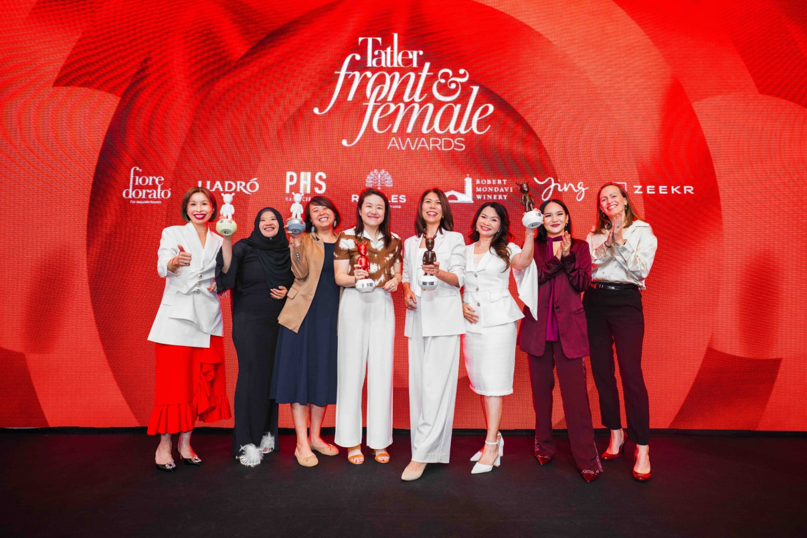 The Front & Female Awards Singapore 2026: Stephanie Tay, executive managing director Tatler Singapore and Tatler Thailand; awardees Hamidah Aidillah Mustafa; Grace Chia; Gillian Tee; Jennifer Heng; Lilian Ong; Dana Koh, Editor-in-chief, Tatler Singapore; Rachel Duffell, regional content director, Leadership and Front & Female lead, Tatler Asia (Image: Terrix Lin)