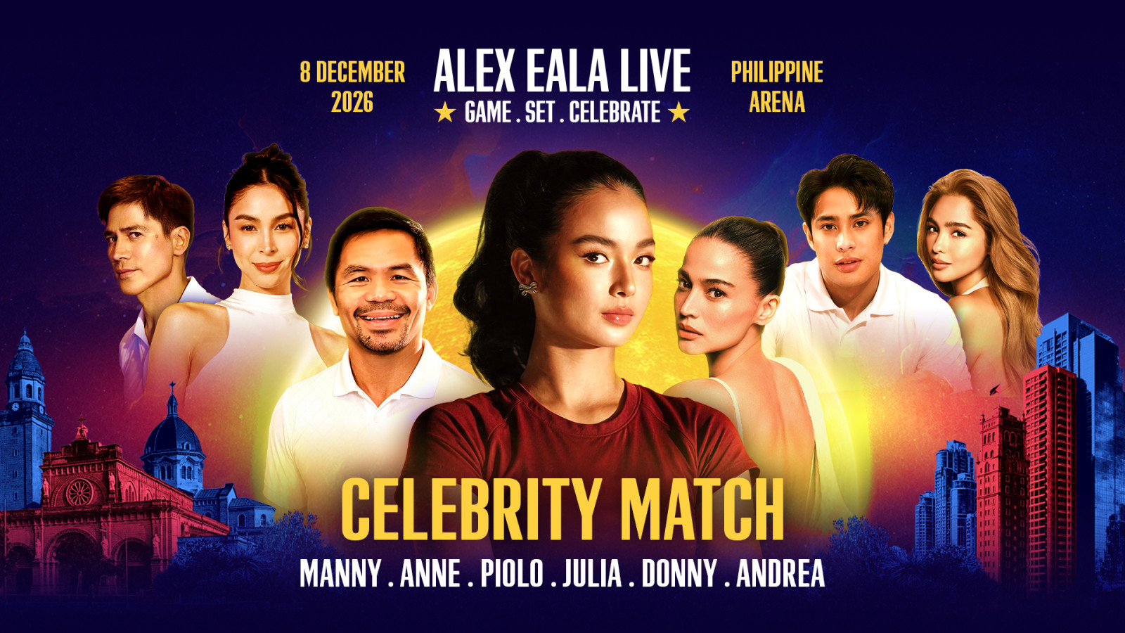 Promotional poster for Alex Eala Live event, with Alex Eala and fellow Filipino celebrities Manny Pacquiao, Anne Curtis, Julia Barretto, Andrea Brillantes and Piolo Pascual are appearing, including event time and date