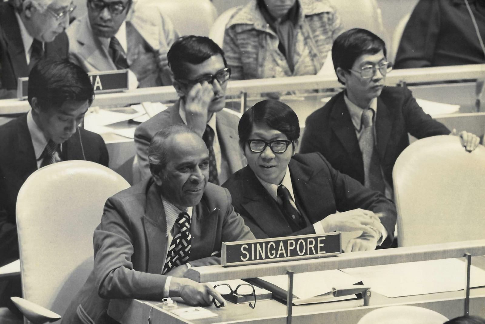Tommy Koh attending the UN General Assembly, and sitting next to the Foreign Minister, Sinnathamby Rajaratnam, in 1976 (Photo: courtesy of Tommy Koh / Ramon Magsaysay Award Foundation)