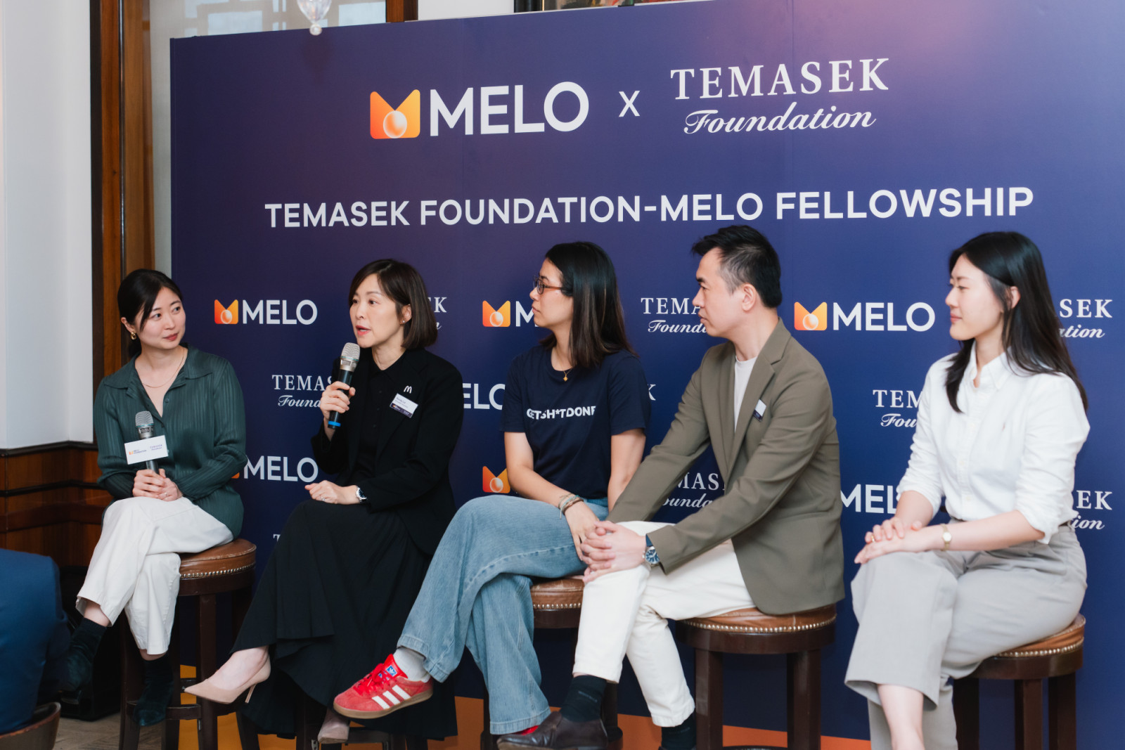 From left: Ellen Lau, co-chair, Melo Foundation and director, Preface; Randy Lai, CEO, McDonald’s Hong Kong; Anita Chen, 2022 Melo fellow; Fred Ngan, co-founder, Bowtie; Fiona Ho, 2021 Melo fellow (Photo: courtesy of the Melo Foundation)