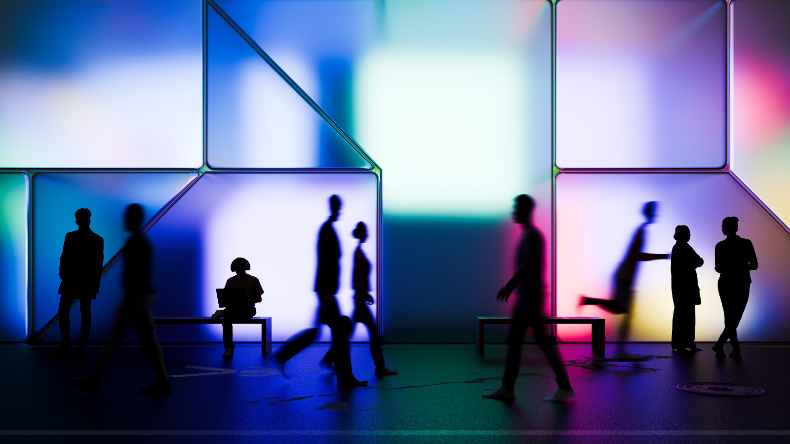 Night render of people walking in front of a building made of glowing cubes. All objects in the scene are 3D