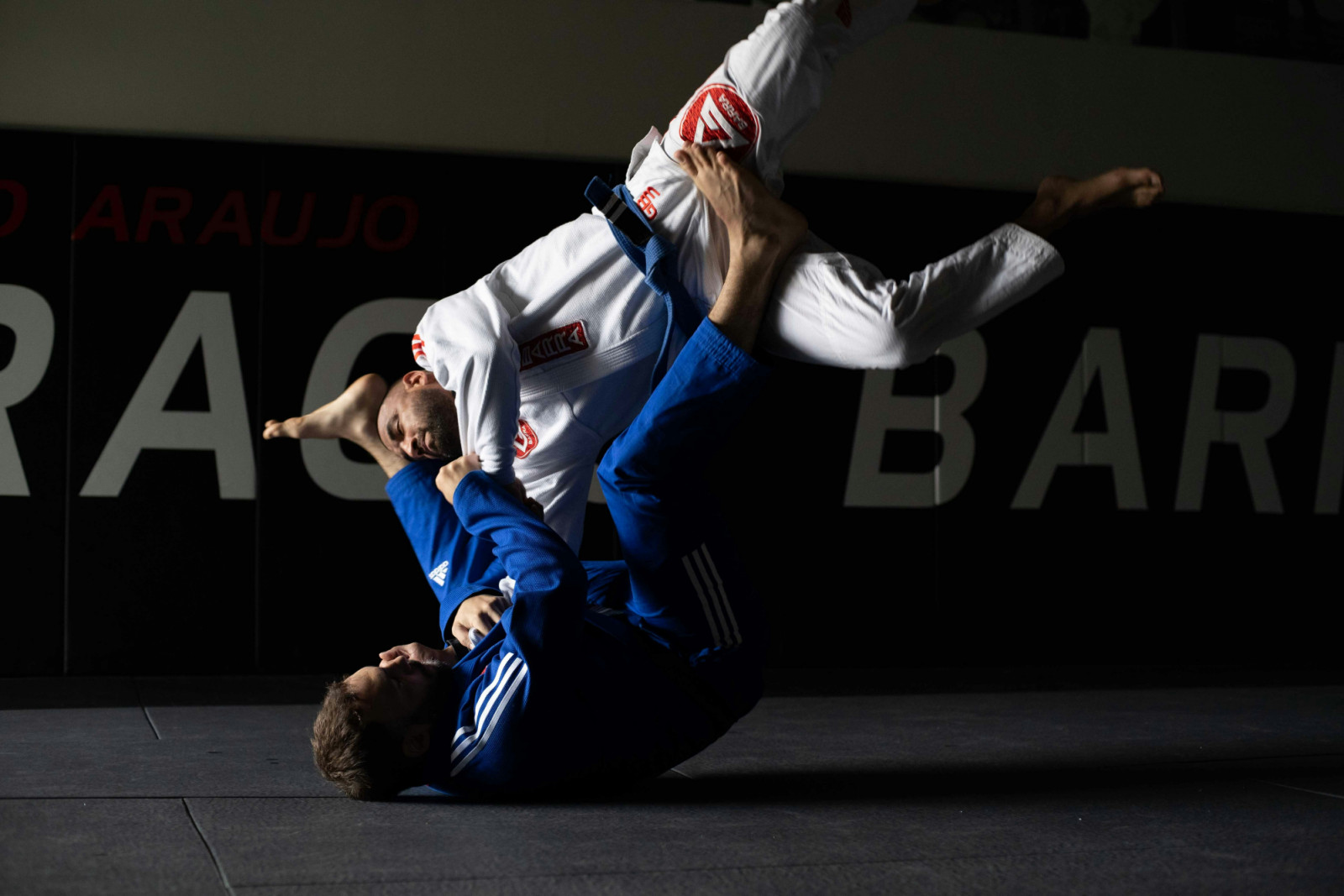 Two athletes showcase a grappling maneuver, illustrating the demanding martial arts disciplines featured in international competitions.
