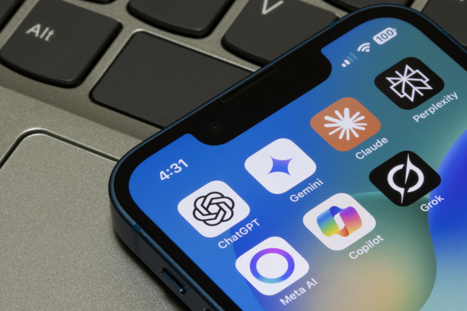 Portland, OR, USA - May 2, 2025: Assorted AI apps, including ChatGPT, Gemini, Claude, Perplexity, Meta AI, Microsoft Copilot, and Grok, are seen on the screen of an iPhone.