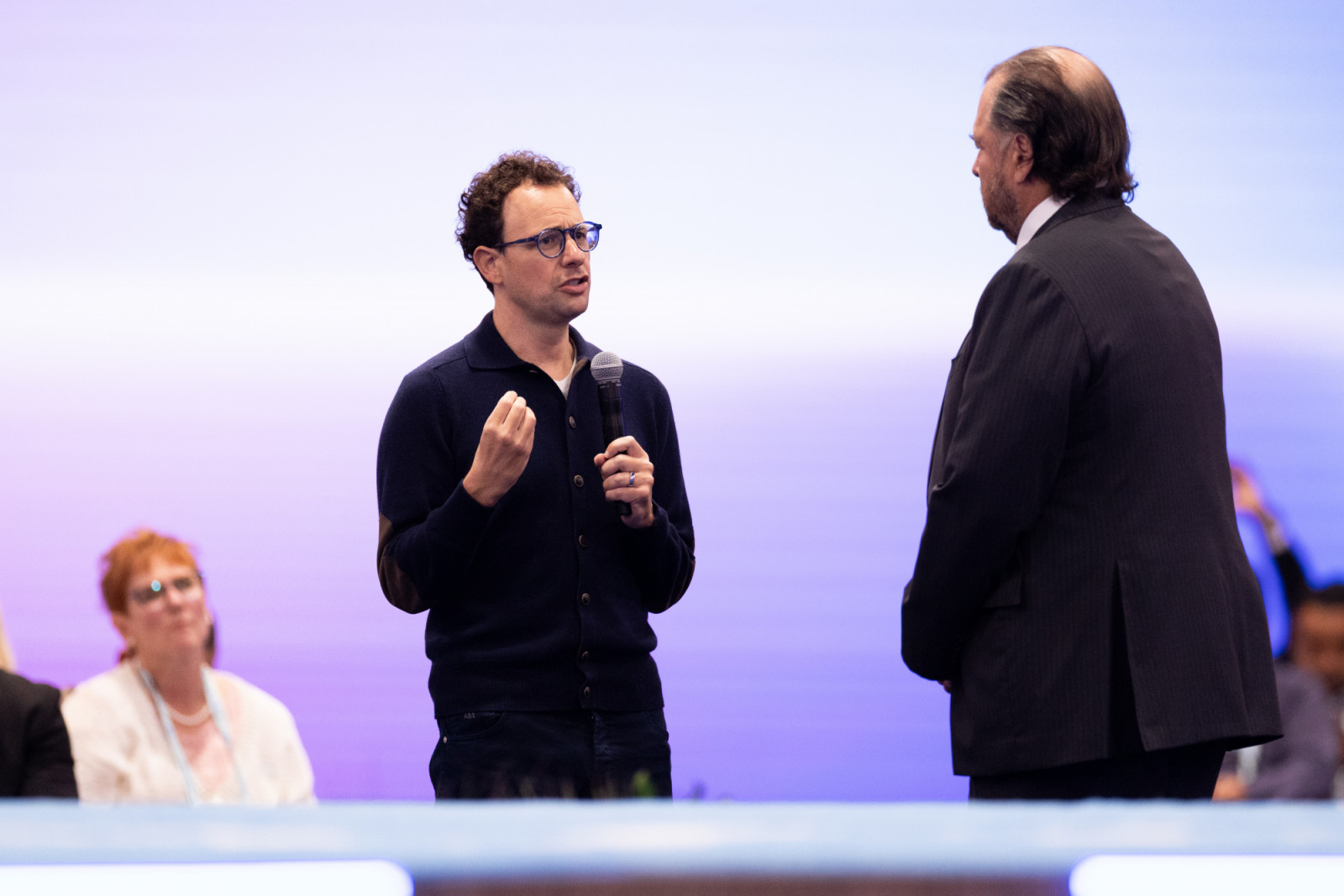 SAN FRANCISCO, CALIFORNIA - SEPTEMBER - 15: Anthropic CEO Dario Amodei, left, speaks with Salesforce CEO Marc Benioff during the keynote address at Salesforce's Dreamforce conference at the Moscone Center on September 15, 2026 in San Francisco, California. Dreamforce is an annual event that highlights the company's technologies and encourages professional networking. (Photo by Benjamin Fanjoy/Getty Images)