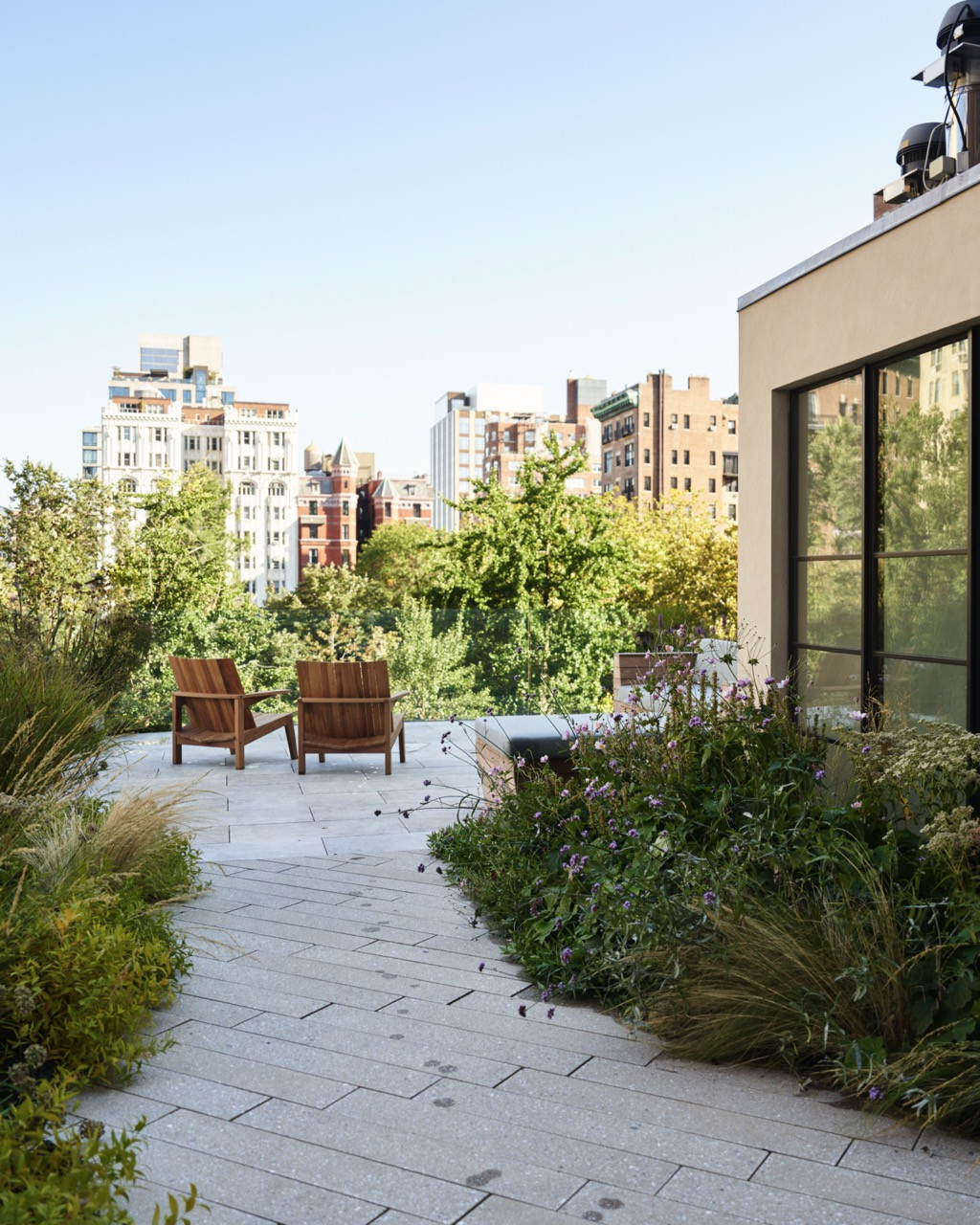 The rooftop garden designed by RKLA Studio, with wild plantings and a view toward the surrounding rooftops and towers of the neighborhood