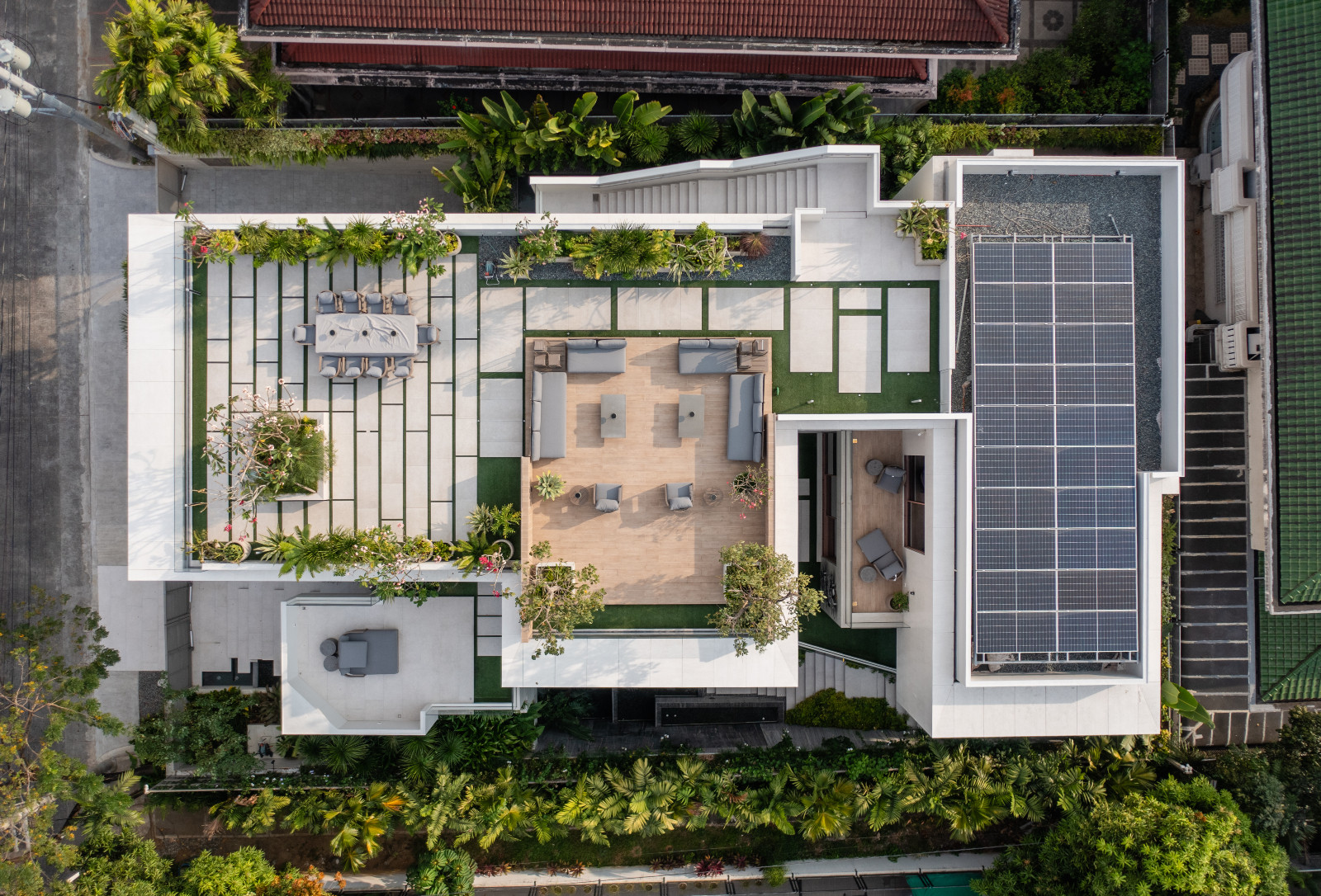 An aerial view of the Cascade House by H1 Architecture in Manila, Philippines