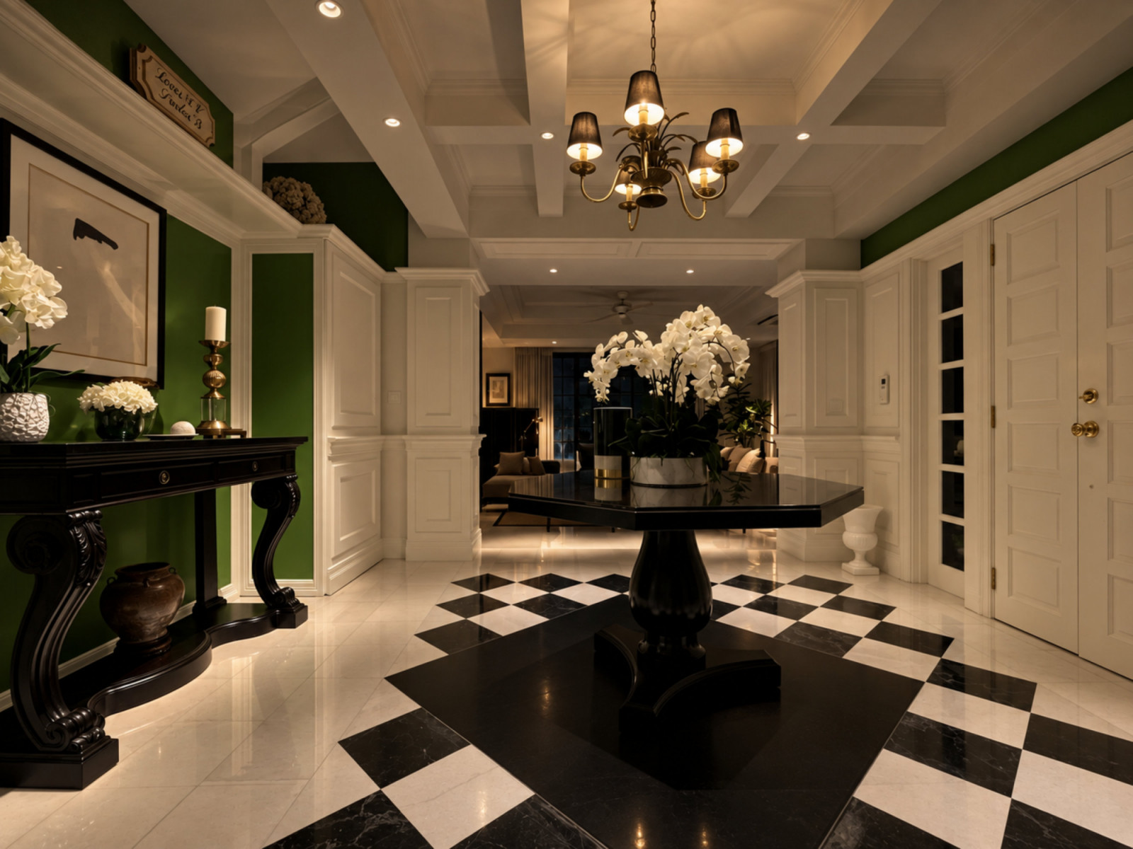 In the foyer, feature walls were painstakingly puttied smooth and spray-painted to create a glossy finish