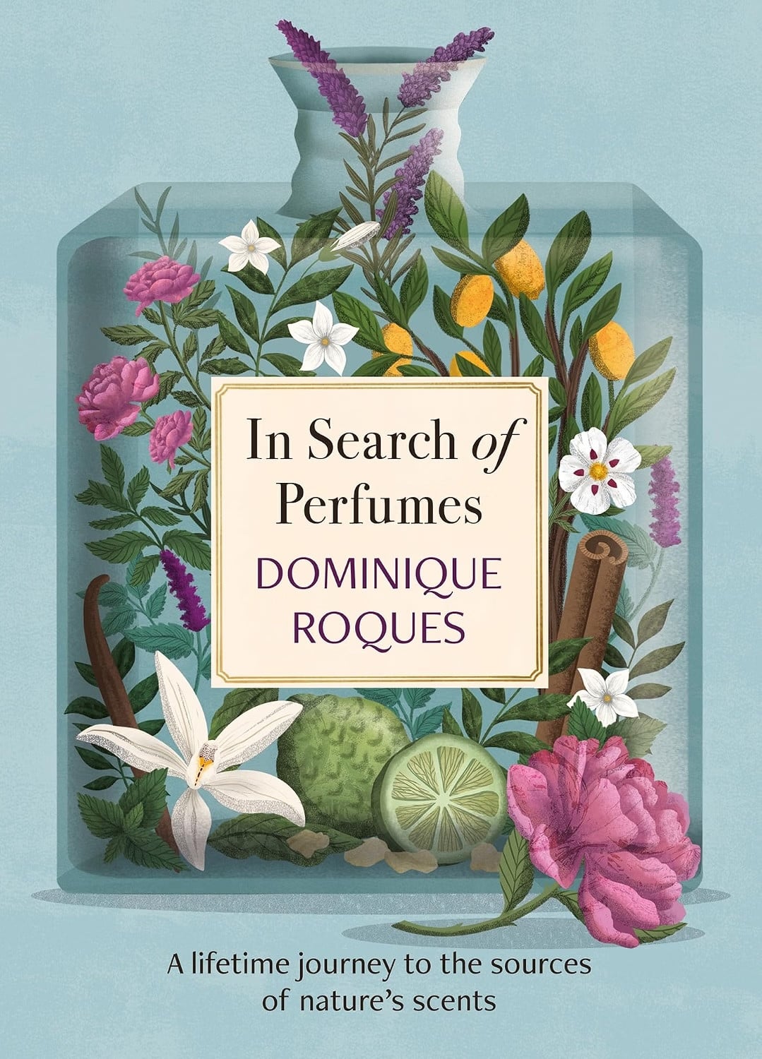 Dominique Roques's 'In Search of Perfumes' features botanicals like lavender, rose, and citrus, key to the world of fragrance.