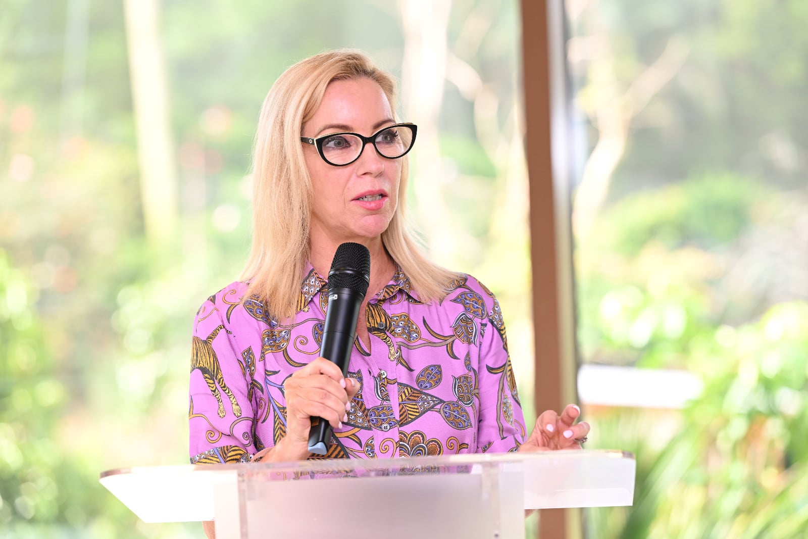 Mastercard Asia Pacific executive vice president Julie Nestor at the podium for the April 2026 launch of Mastercard's Time for Acceptance initiative in Singapore
