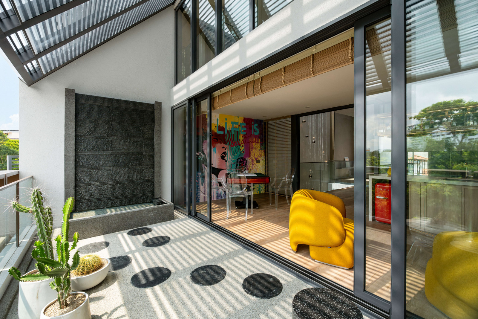The outdoor area on the balcony resembles a zen garden