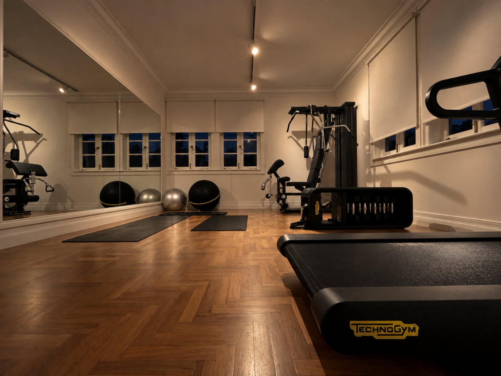 The wellness studio is open and functional, with Technogym equipment arranged around a generous floor exercise area