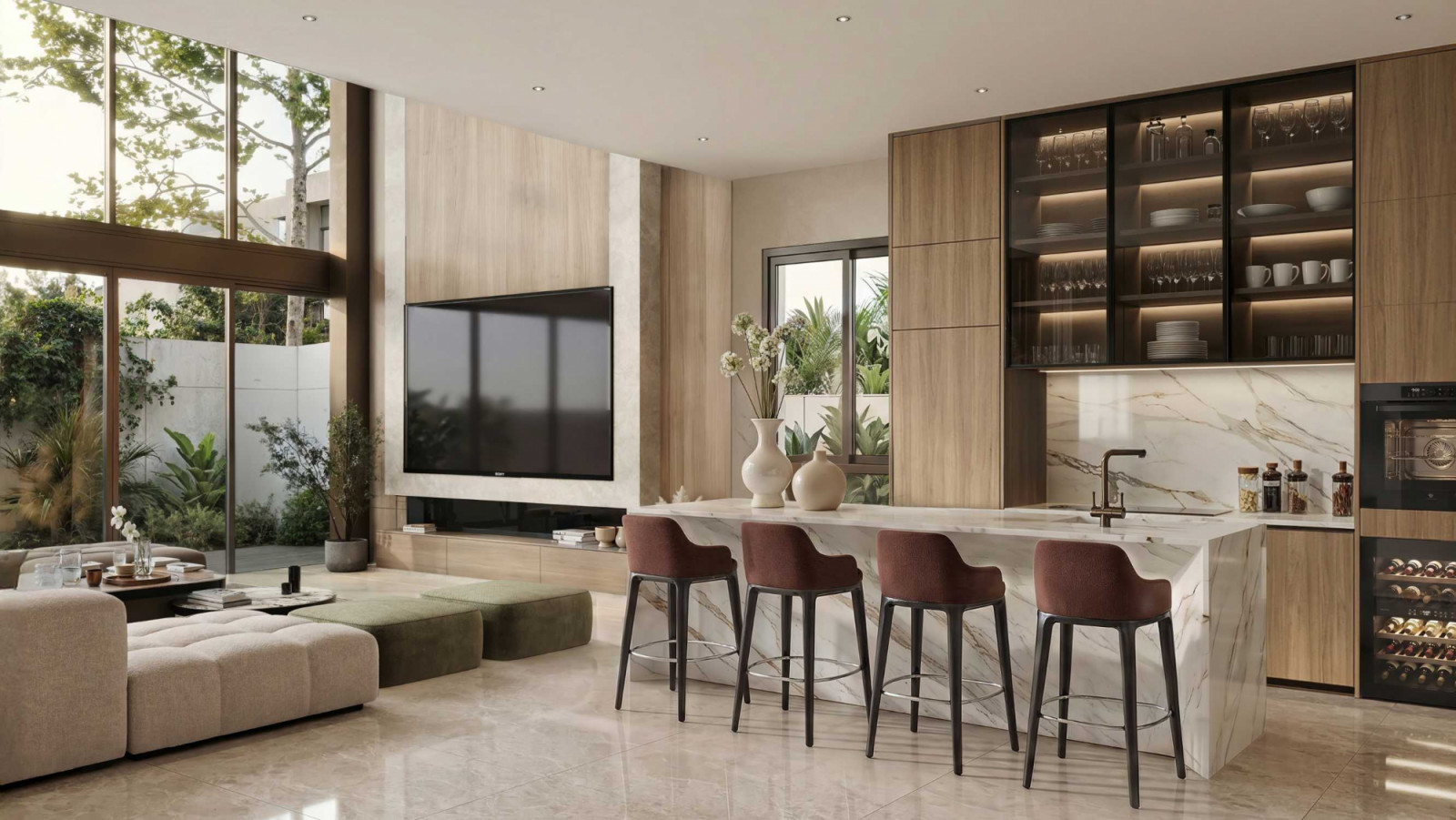 An open-concept living and dry kitchen space designed for effortless living