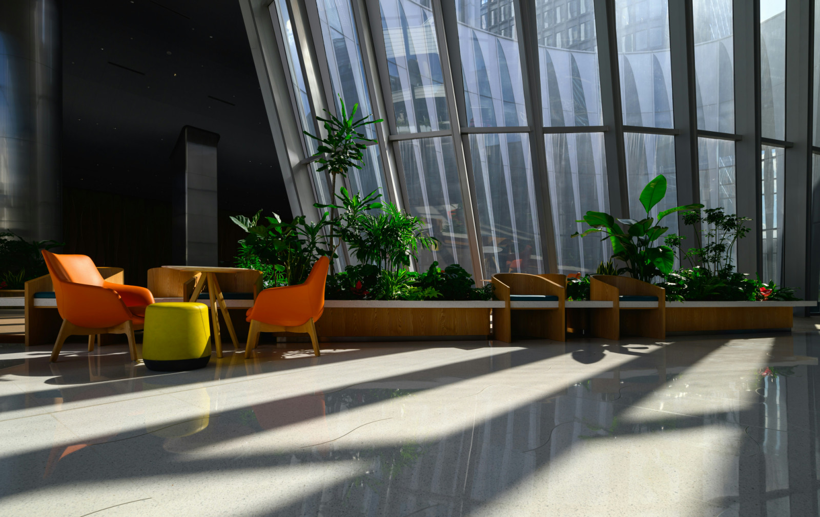 A contemporary office lounge offers large windows, vibrant orange seating, and integrated planters for a bright atmosphere.