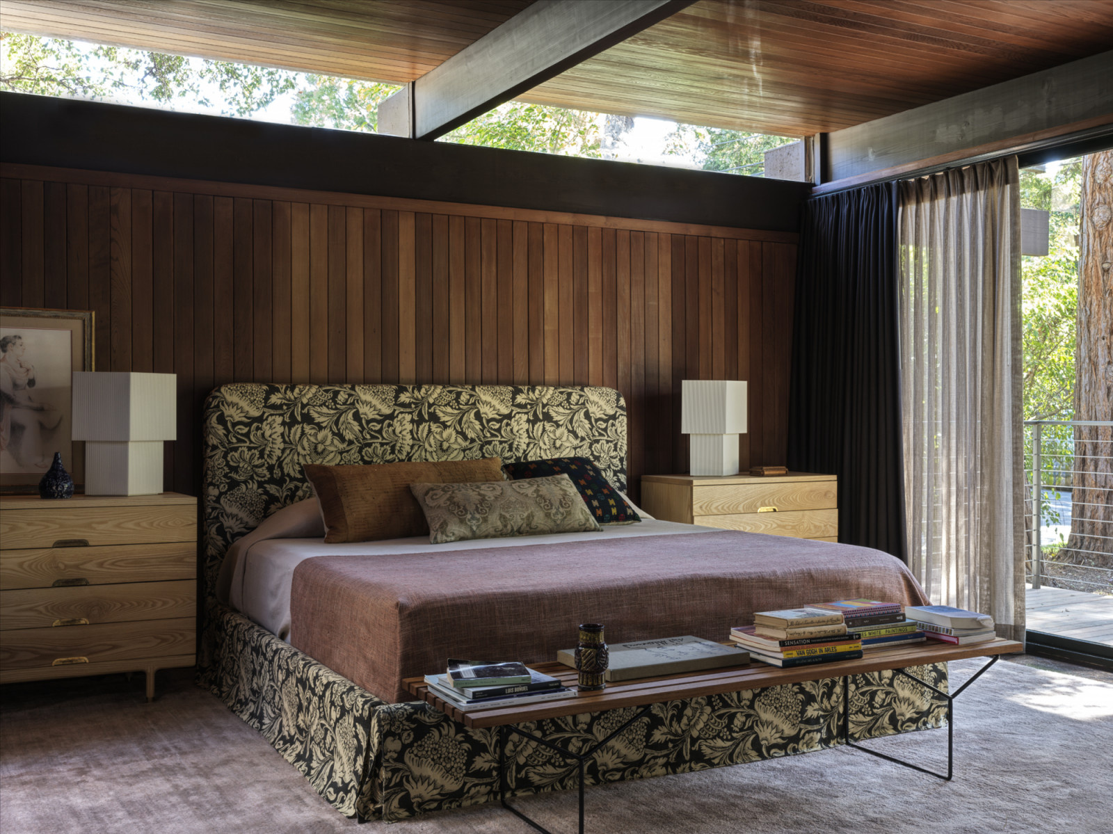 The primary bedroom of a California home designed by Kate Driver of West Haddon Hall