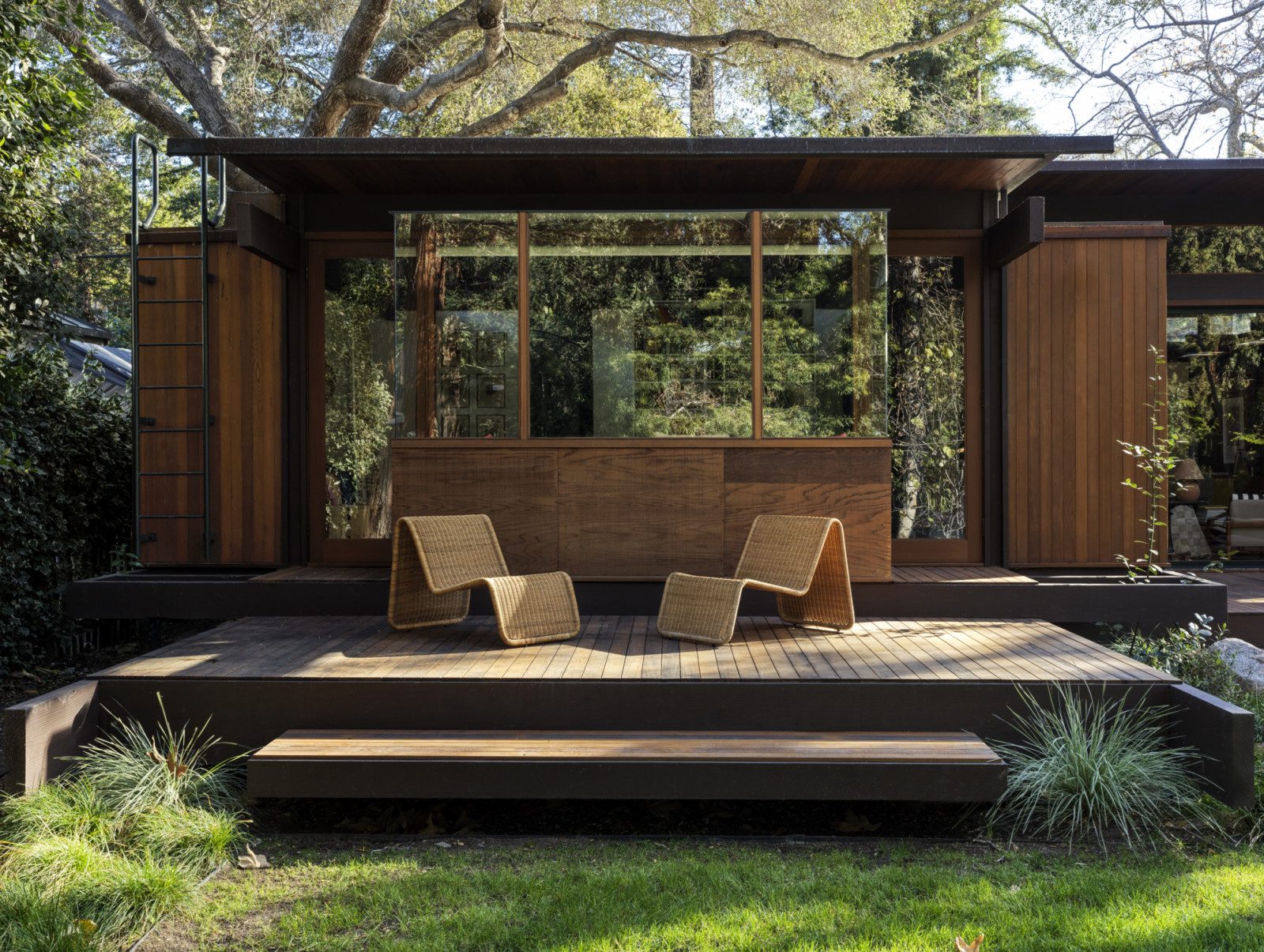 The backyard deck off the primary bedroom of a California home designed by Kate Driver of West Haddon Hall