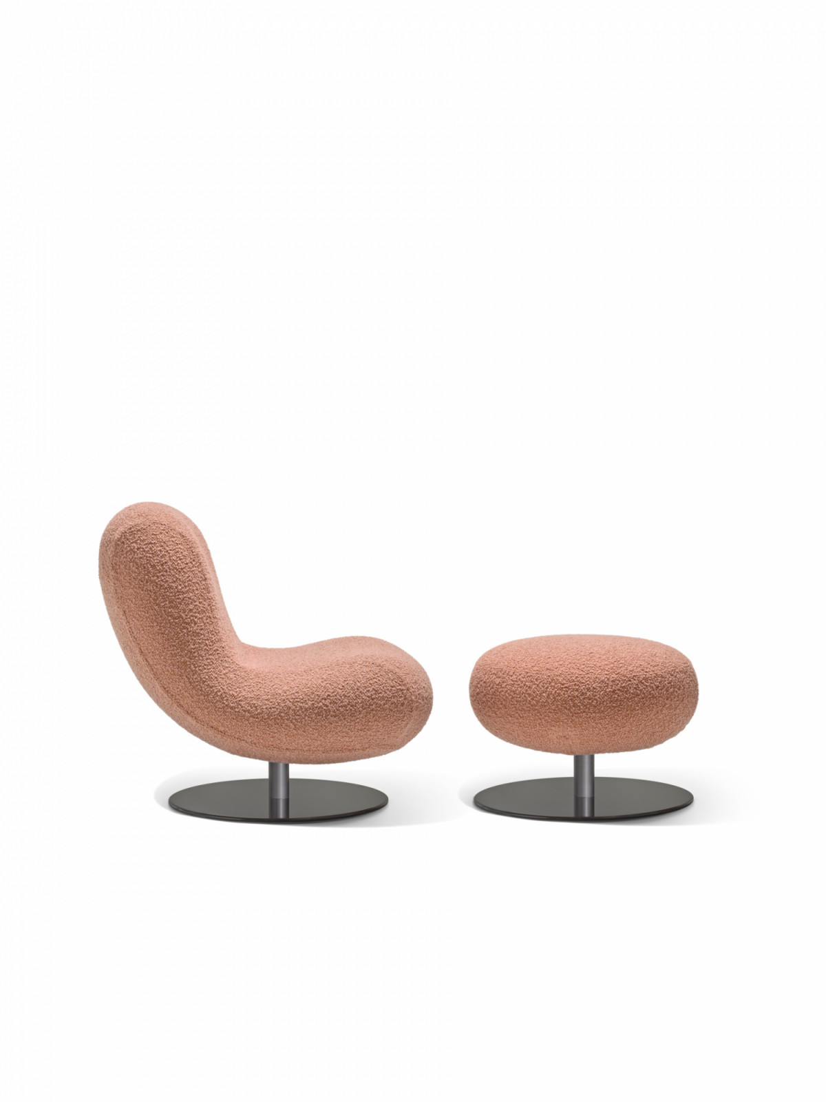 A rounded silhouette rests atop a swivel metal base, and is paired with a matching footstool