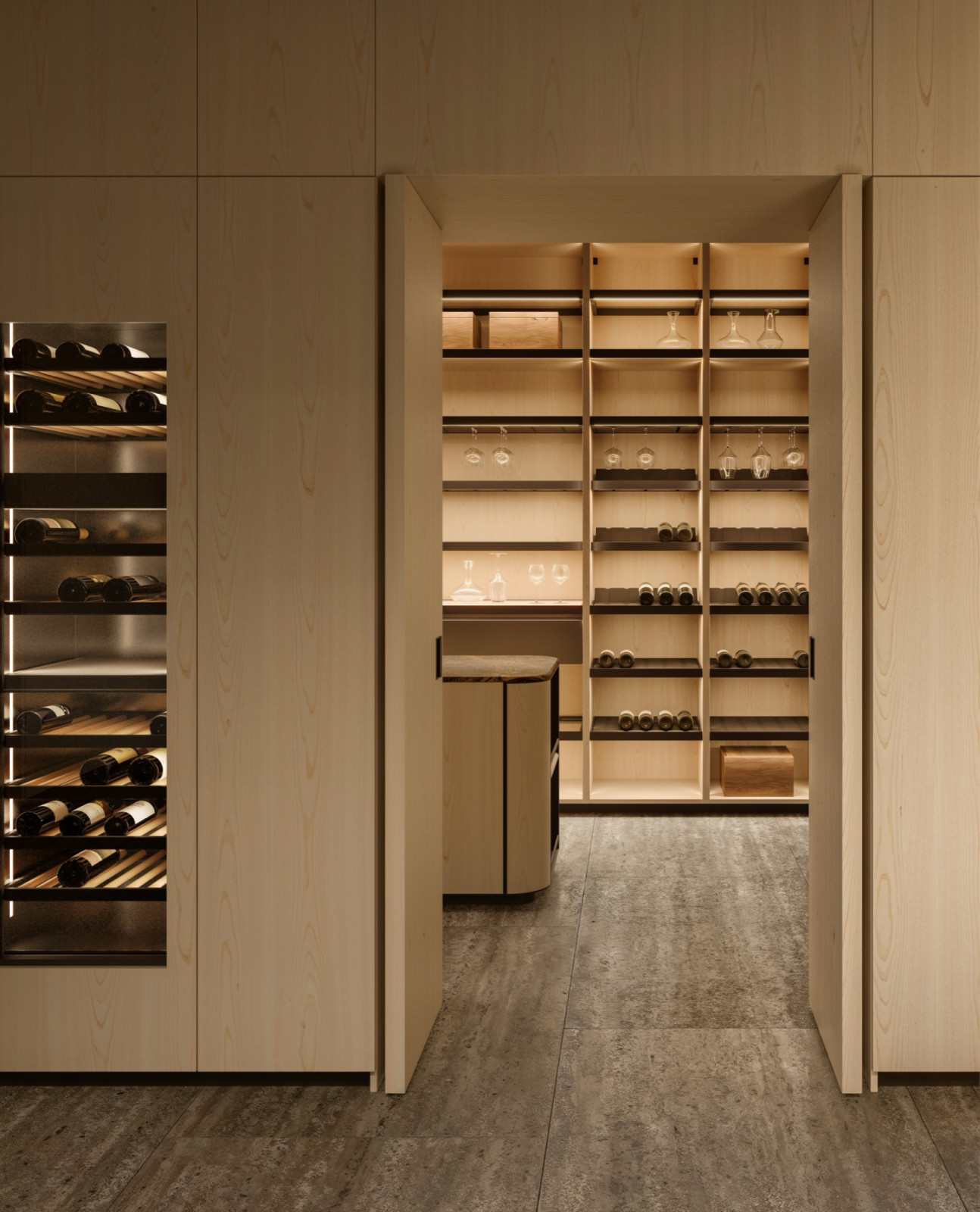 Physis features Hinoki veneer, a Japanese wood prized for its resistance to humidity and naturally antibacterial qualities