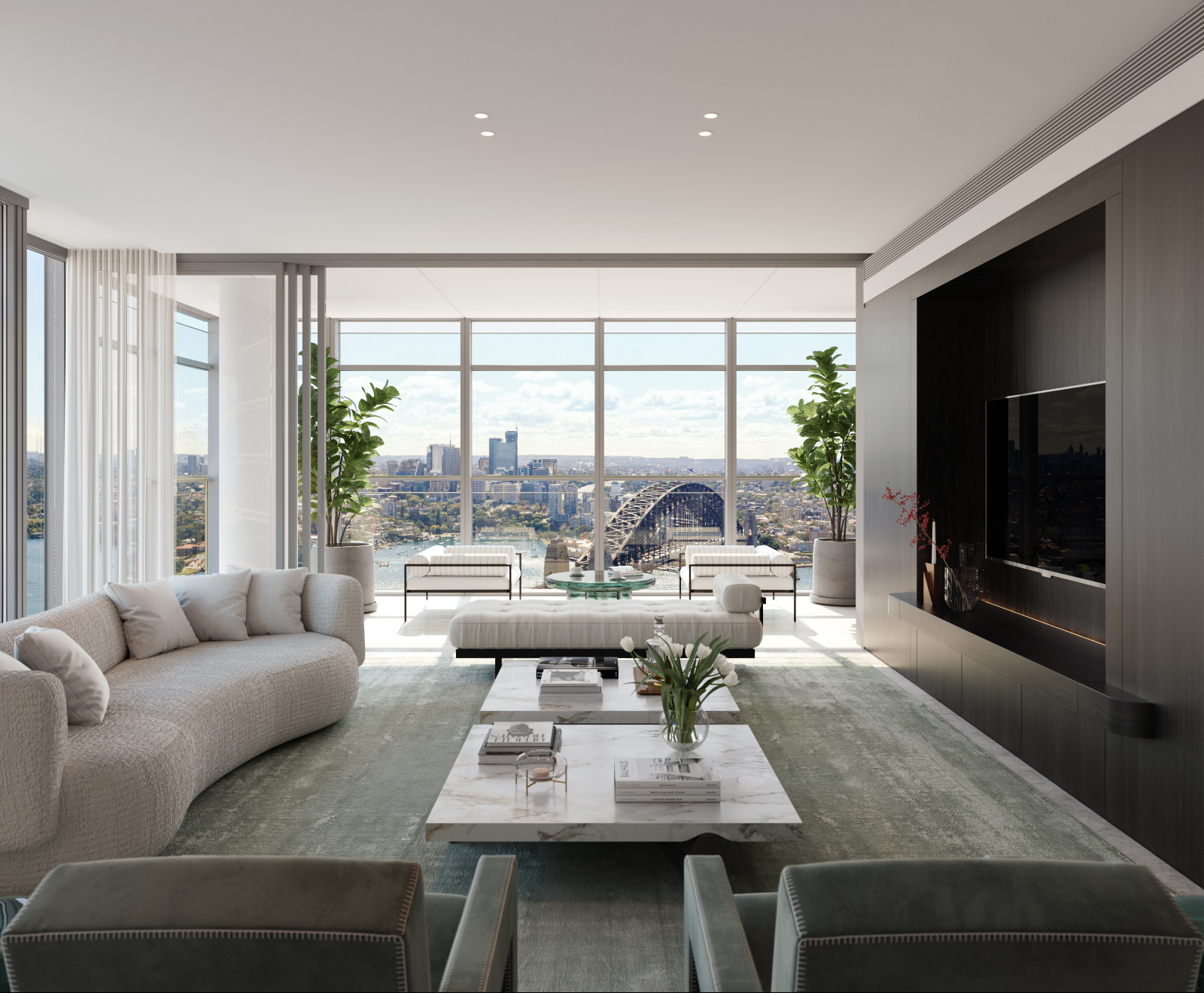 Floor-to-ceiling glazing extends the living spaces towards the harbour