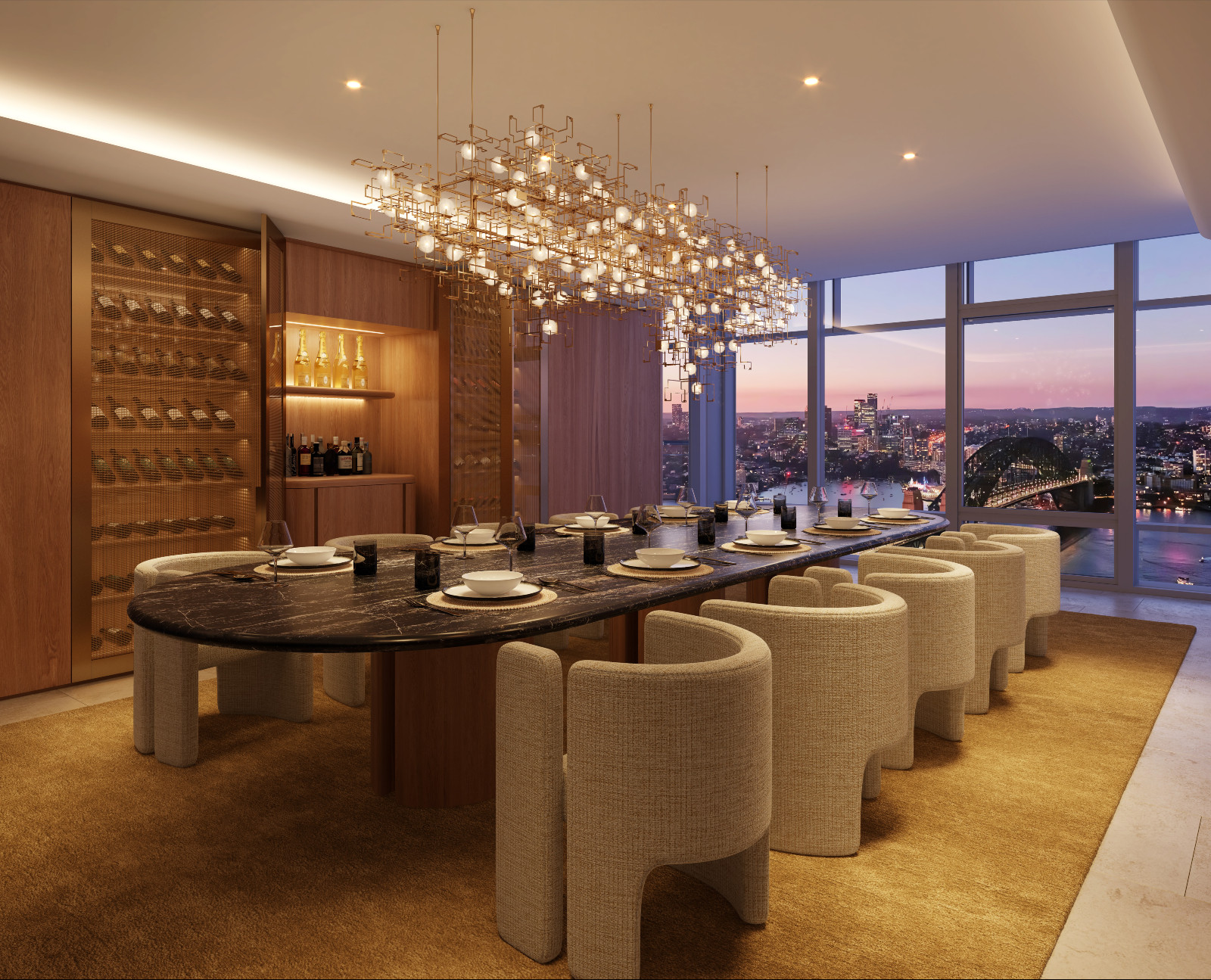 Designed by Daniel Goldberg of State of Craft, natural materials underpin the interiors, featuring raw, precious and refined finishes that took cues from the surrounding cityscape