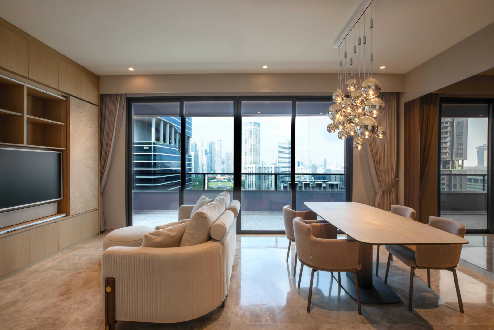 The living and dining area in the Midtown Modern condominium apartment