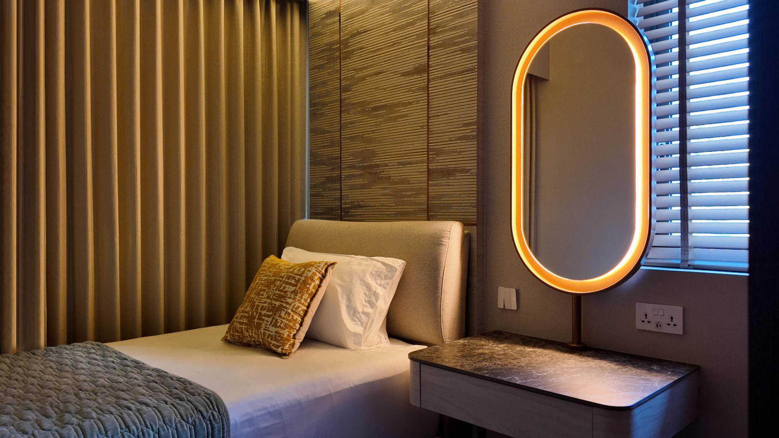 The second daughter’s room, like the first one, incorporates clever storage solutions, such as an integrated storage bed