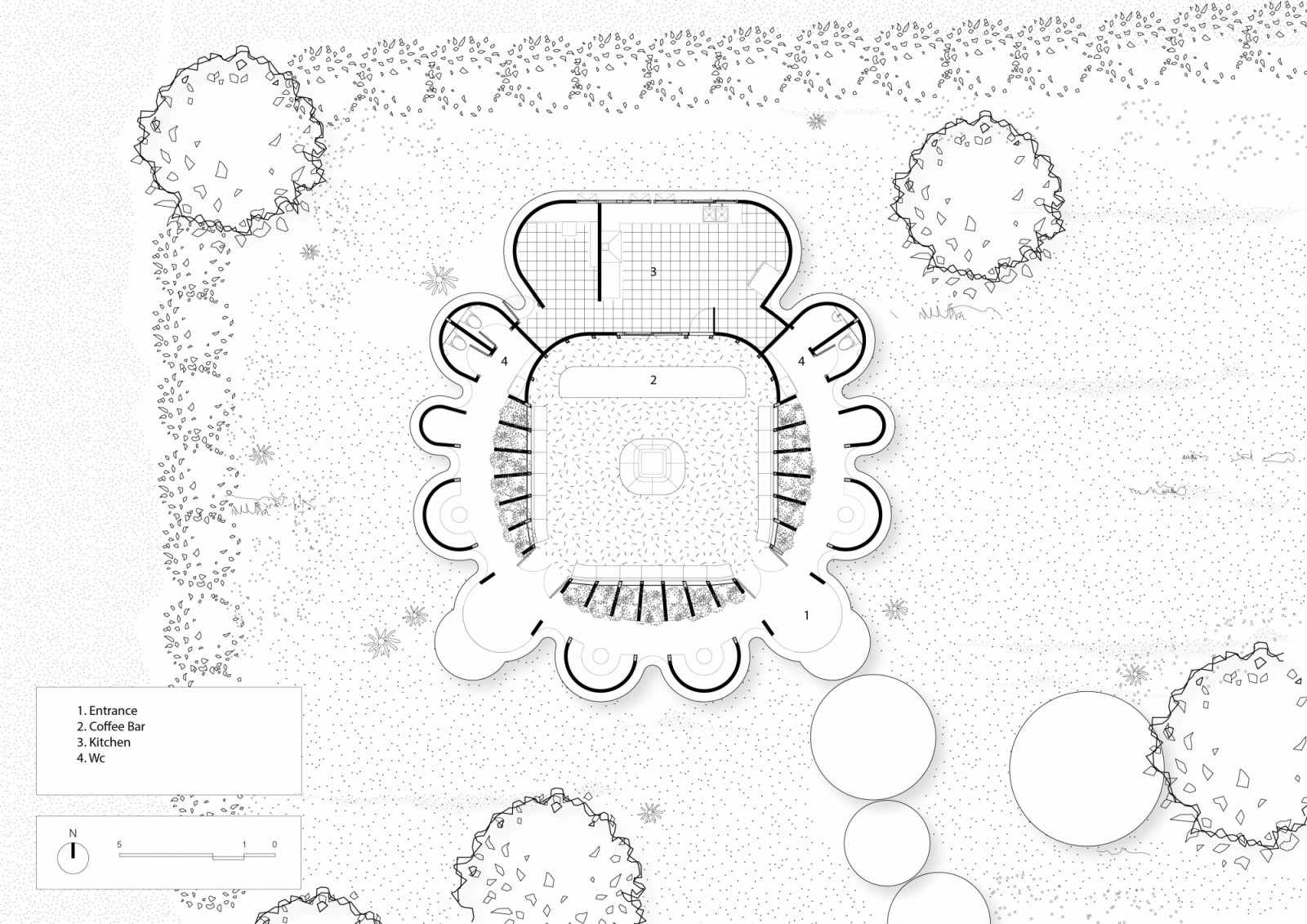 Floor Plan ของโครงการ แสดงให้เห็นแนวคิด Radial Symmetry อย่างชัดเจน ตั้งแต่ที่นั่งแกนกลาง เคาน์เตอร์บาร์ ไปจนถึงการเจาะคว้านมวลอาคารชั้นนอกเพื่อสร้างทางเดินกึ่งเอาต์ดอร์ที่ลื่นไหล