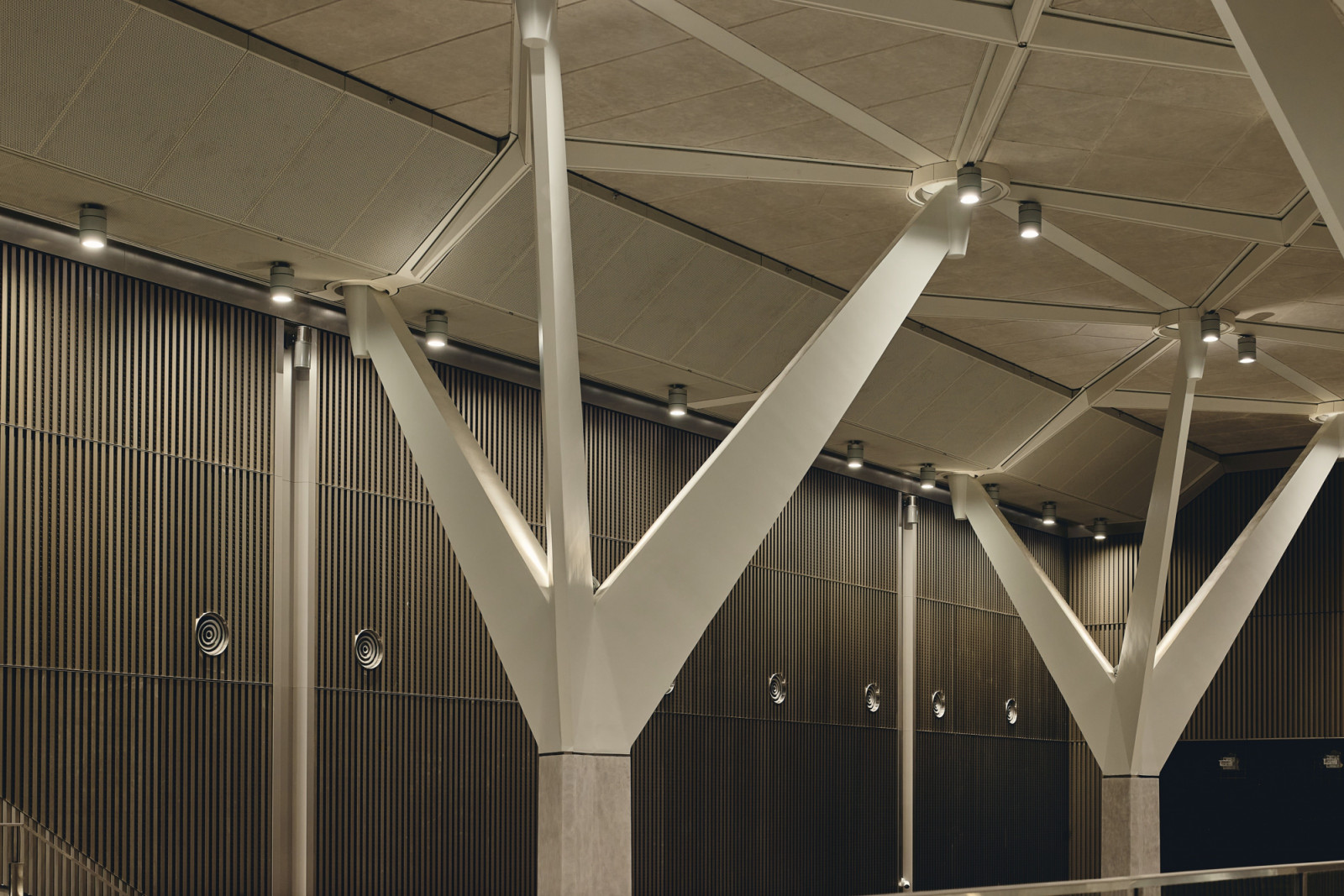 In the concourse beneath City Square, white tree-like columns on stone bases branch into a faceted ceiling (Photo: Peter Bennetts)