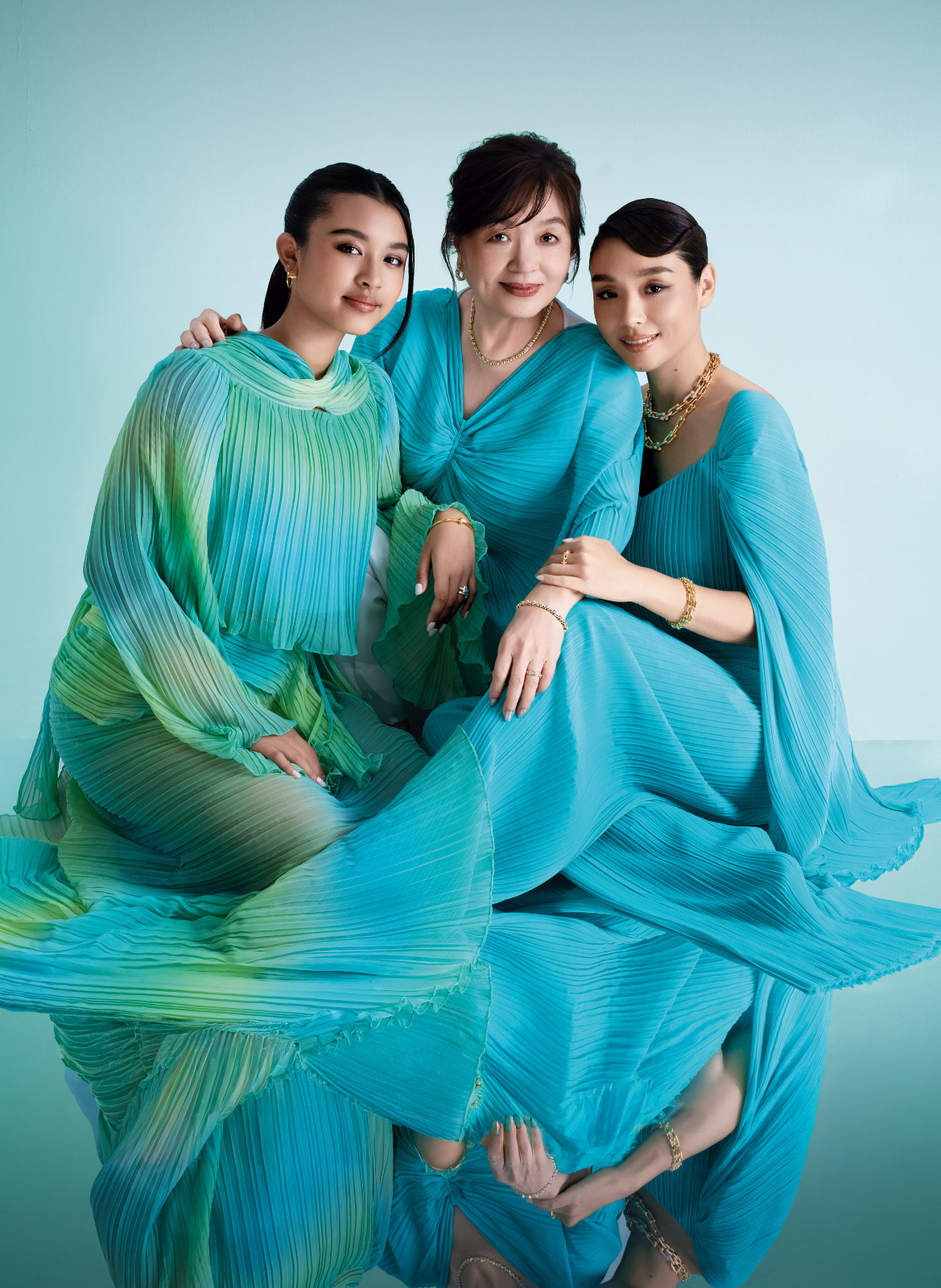 Leia Rose wears Tiffany & Co. T by Tiffany earrings, bangle and rings, Alia Bastamam blouse and skirt. Min Caunter wears Tiffany & Co. Sixteen Stone earrings, necklace, bracelet and ring, Alia Bastamam blouse. Marion Caunter wears Tiffany & Co. HardWear earrings, necklaces, bracelet and rings, Alia Bastamam jumpsuit