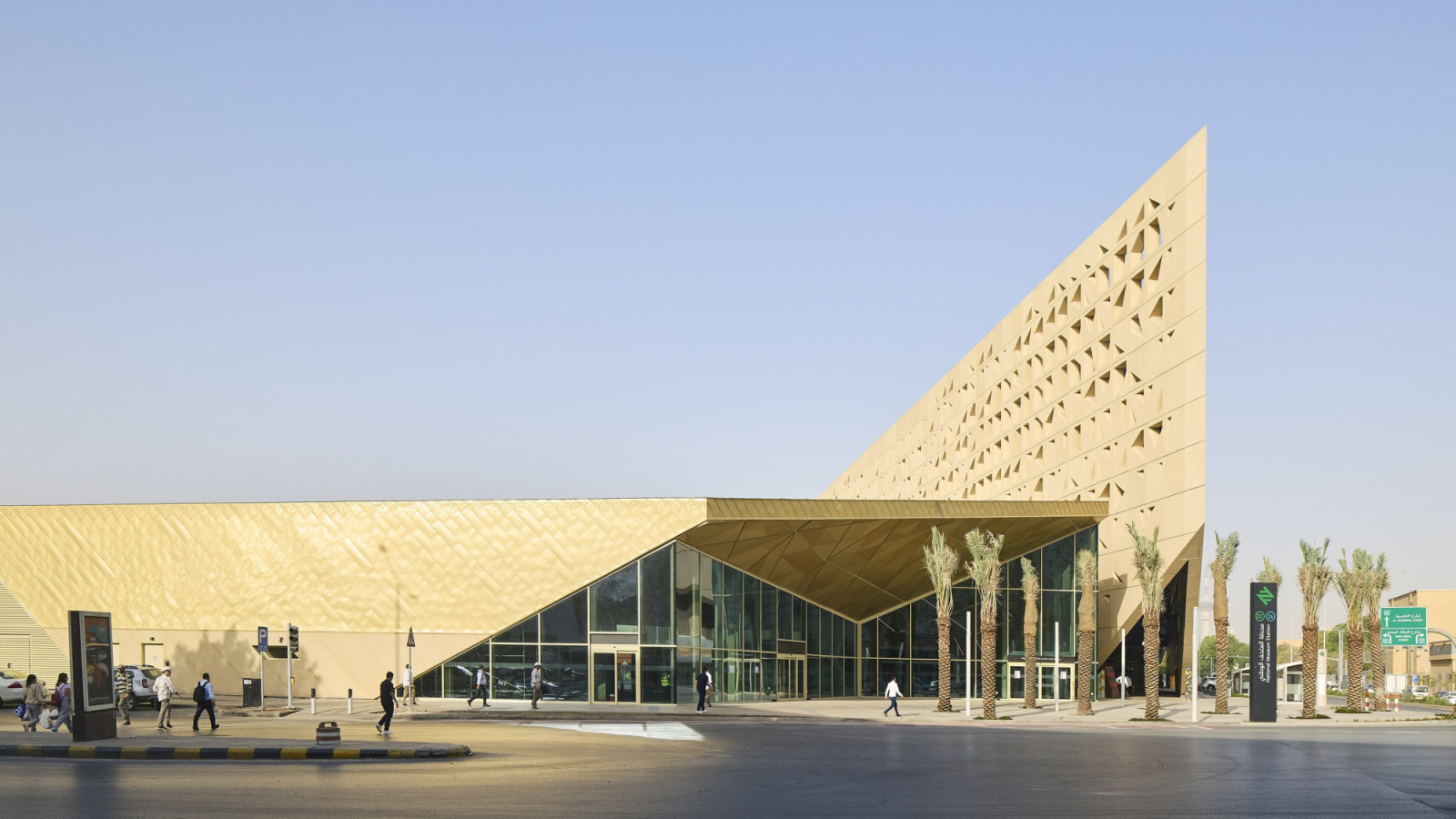Two angled concrete volumes, perforated with Najdi-inspired triangular openings, make up Arup’s National Museum Station in Riyadh (Photo: Hufton+Crow)