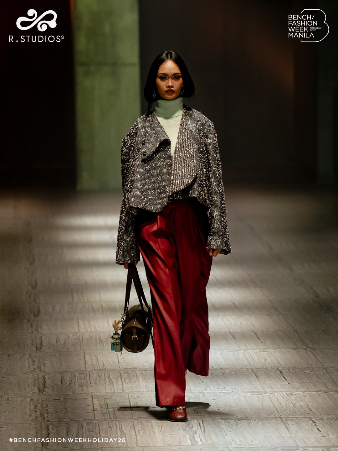 R. Studios showcases a Holiday 2026 design on the runway at Bench Fashion Week Manila