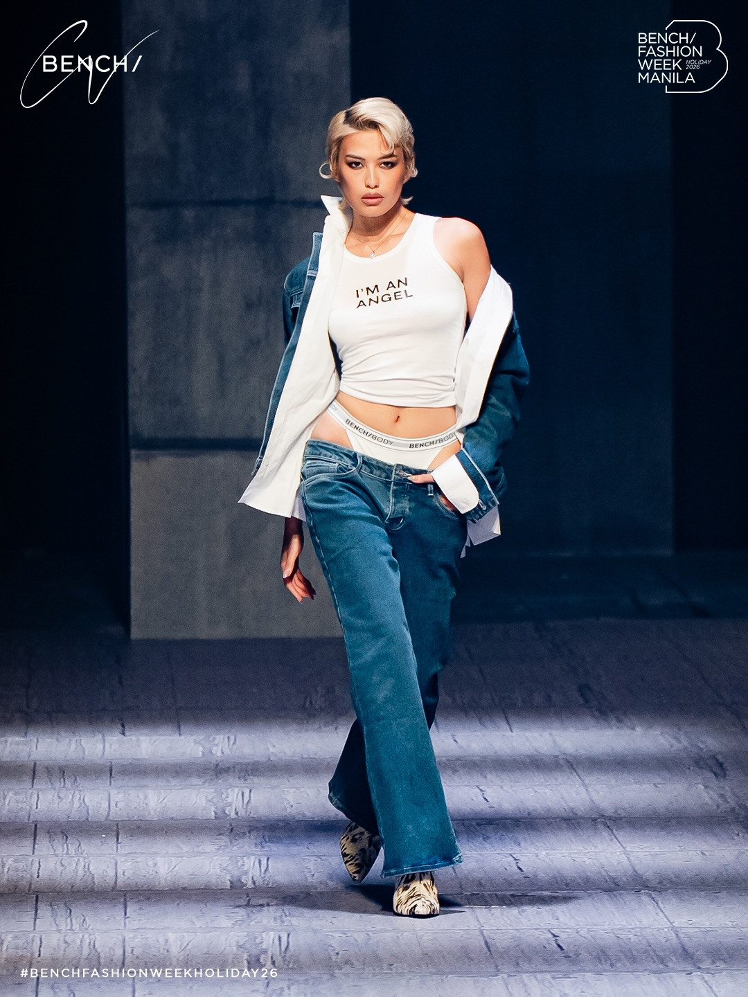 Michelle Dee walks the Bench Holiday 2026 runway clad in denim and Bench/Body apparel