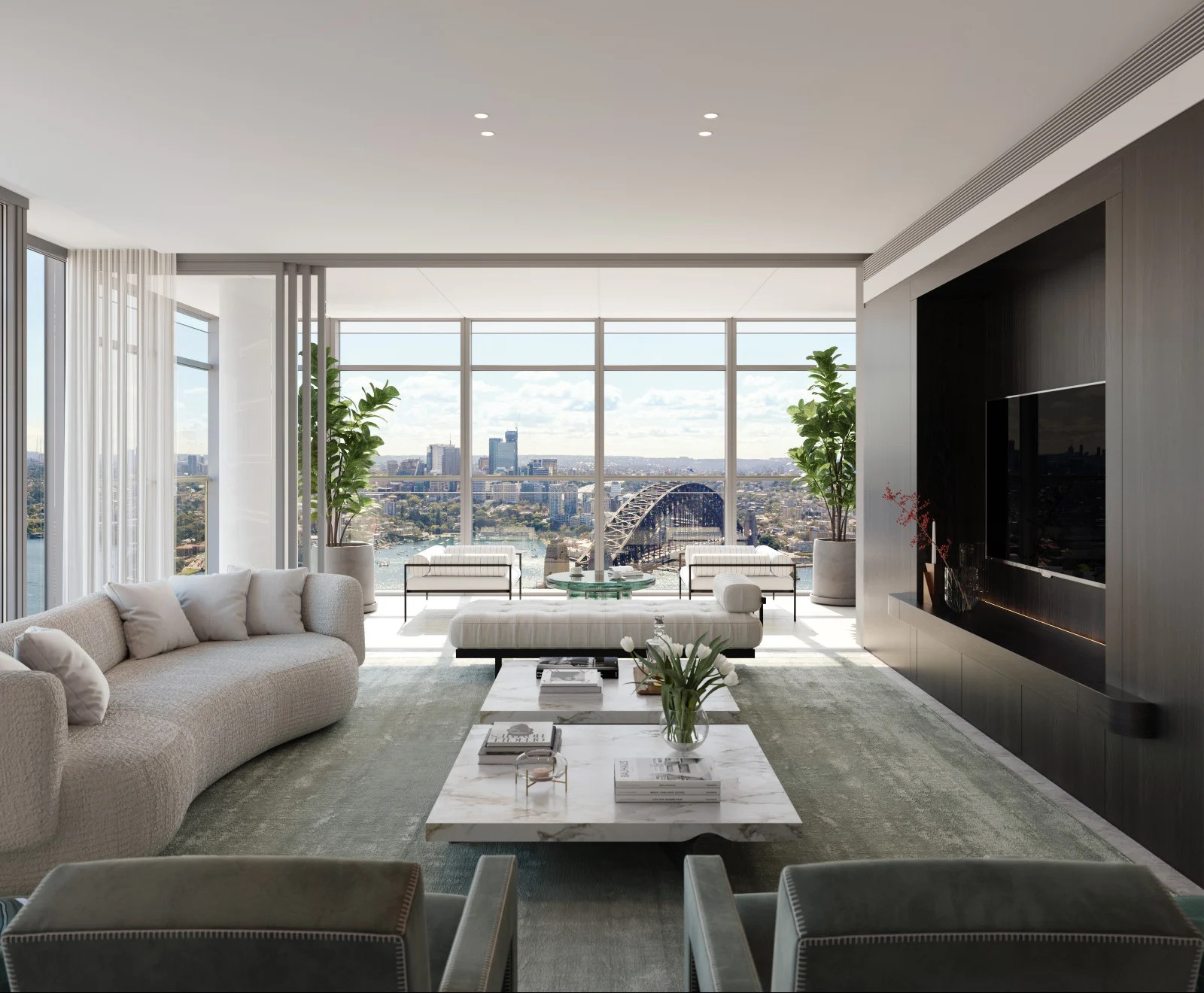A rendering of a living room at One Circular Quay in Sydney, where floor-to-ceiling glass frames the Harbour Bridge and interiors are by Daniel Goldberg (Photo: Lendlease)