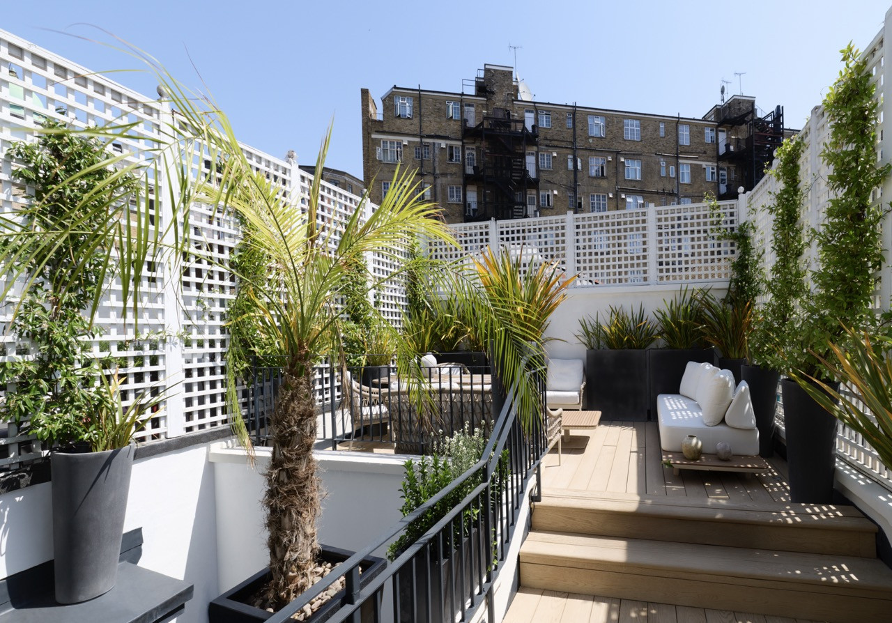 Steps lead up to the rear terrace, planted with palms and climbers and screened by a white trellis from the surrounding mansion blocks