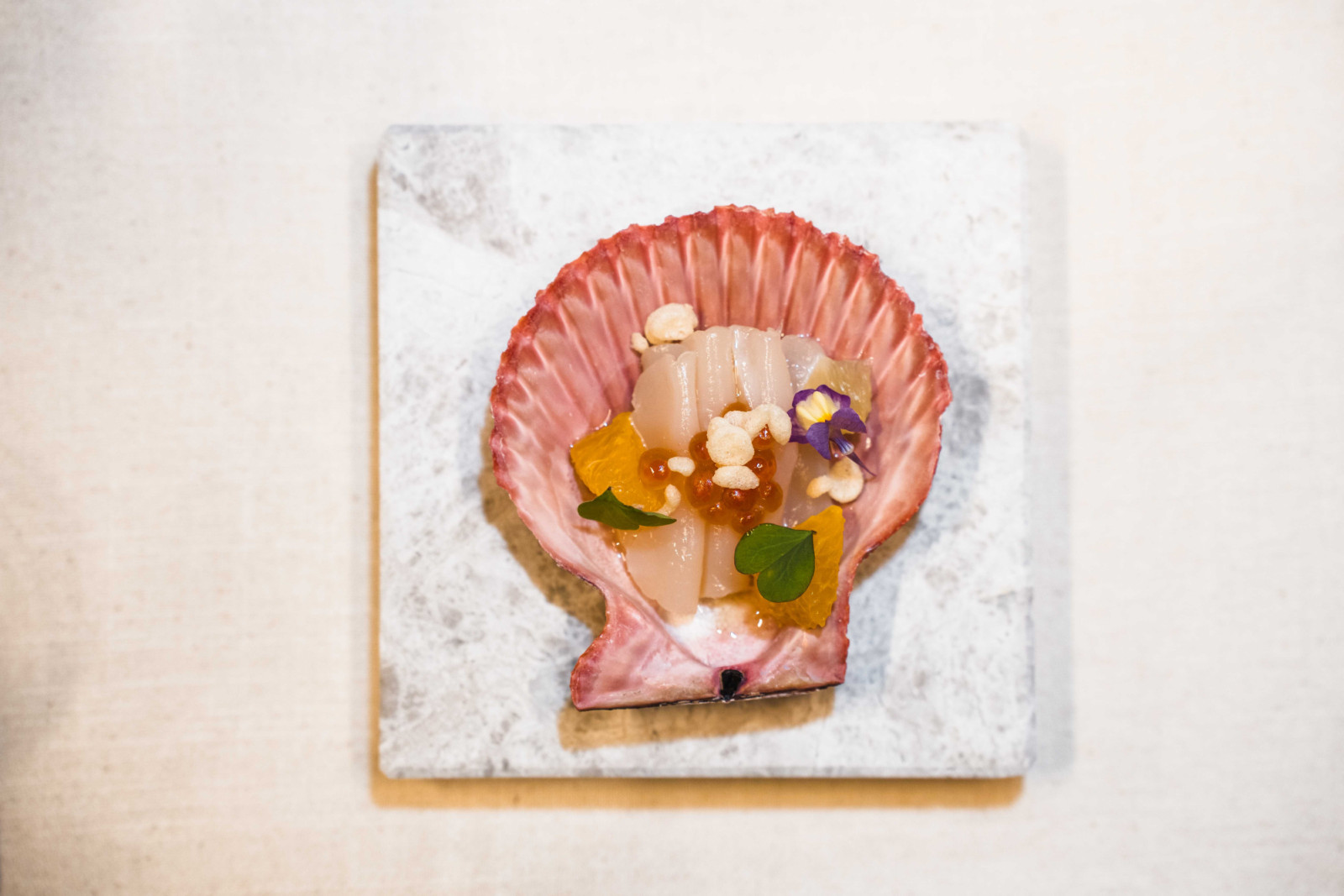 French king scallop crudo with citrus, tempura crisp and salmon caviar
