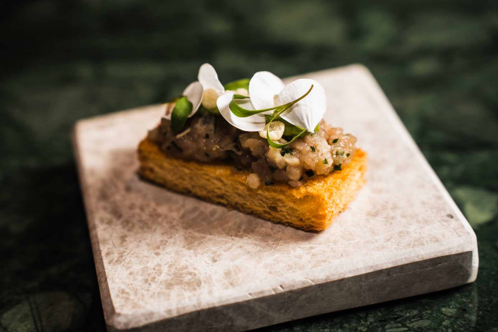Yellowtail tartare on brioche with cucumber, avocado and coriander