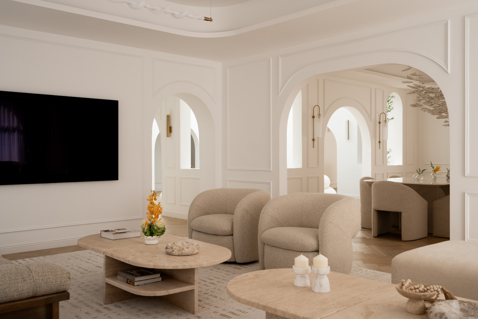 The repeated arches soften transitions and create rhythm between spaces