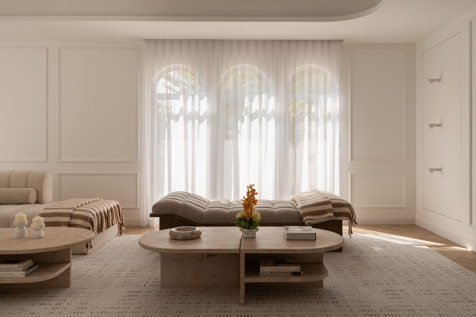 A chaise longue by Crate & Barrel, alongside a bespoke living room sofa