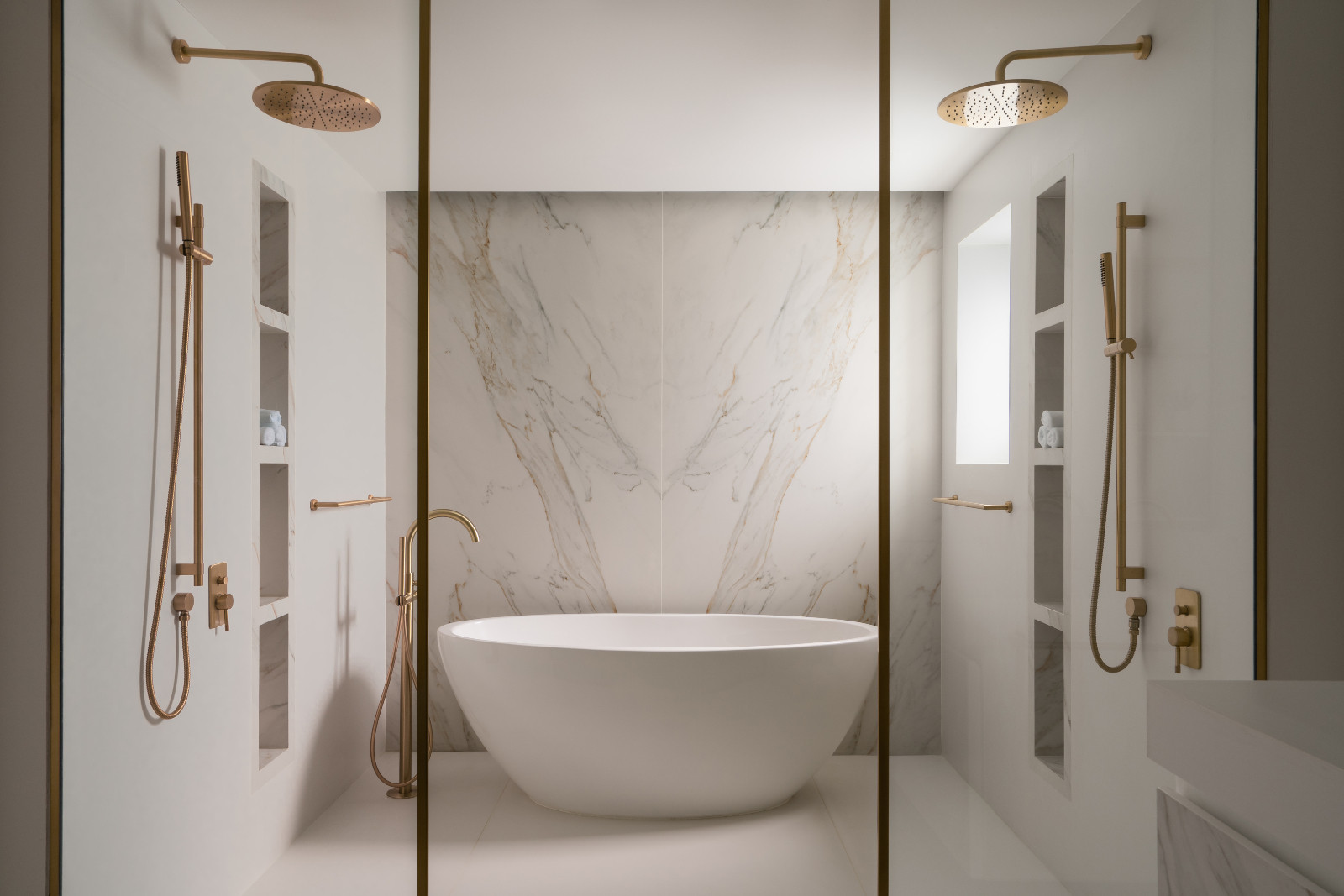 The master bathroom with strong horizontal and vertical lines establishing order