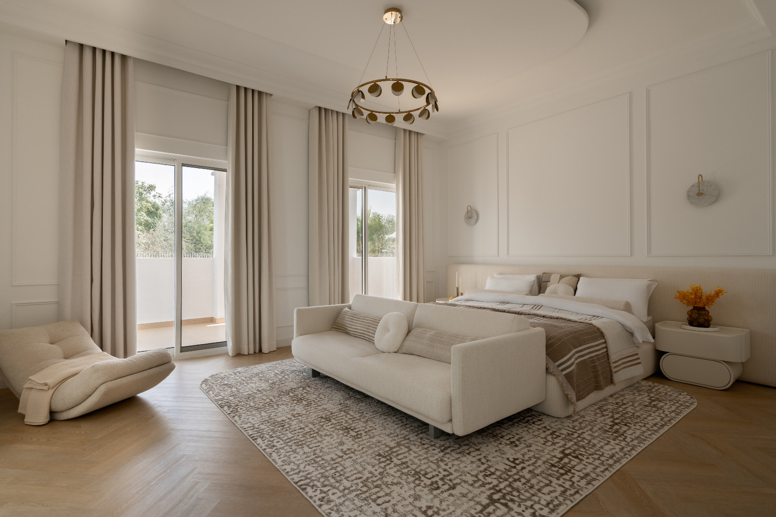 The master bedroom with layered whites and soft neutrals