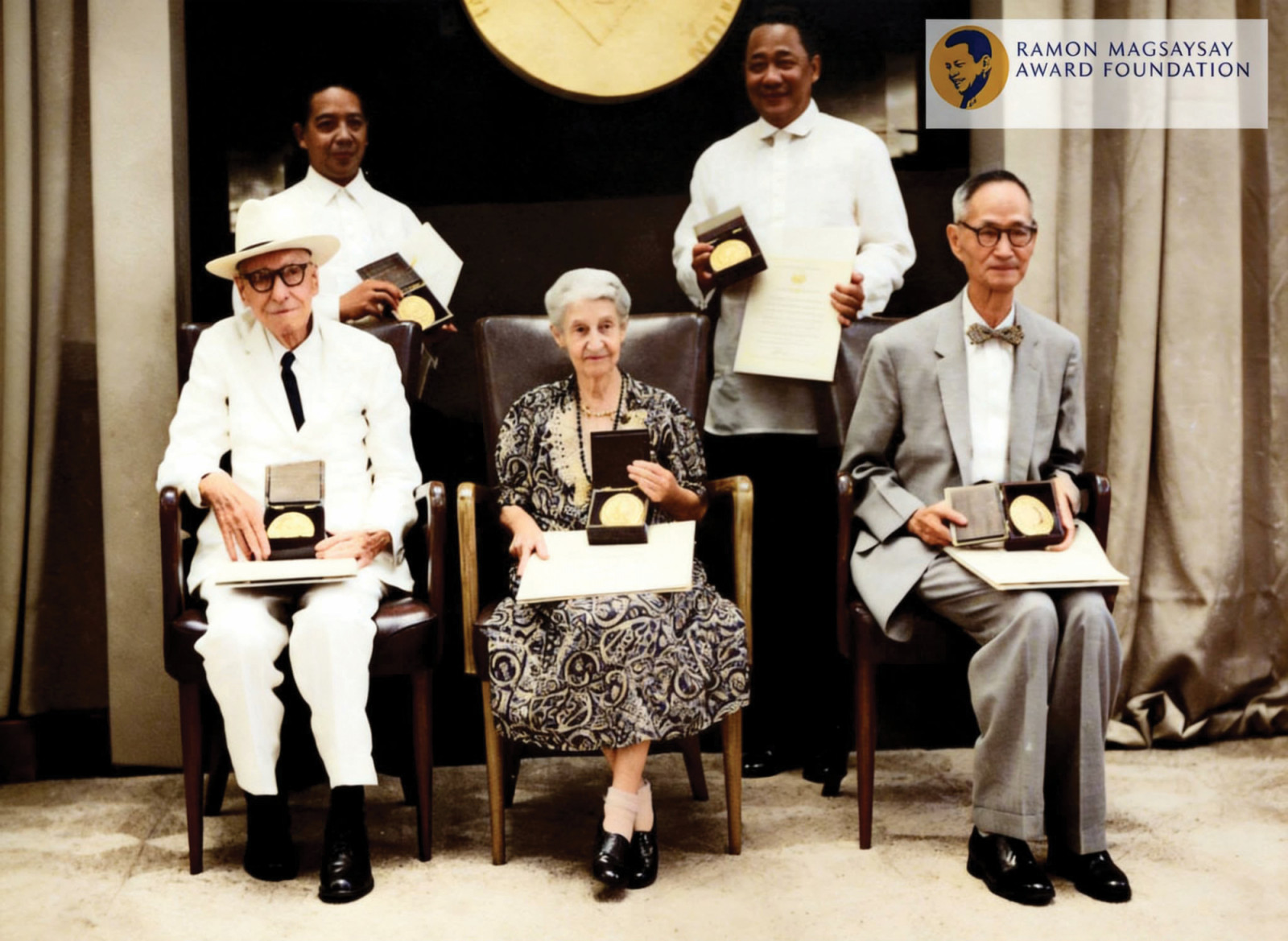 The 1958 Ramon Magsaysay Awardees: Mary Rutnam (Sri Lanka), Robert McCulloch Dick (Philippines), Carlos Nivera representing Mochtar Lubis (Indonesia), Oscar J Arellano for Operation Brotherhood (Philippines), Chiang Mon-Lin (China). Not in photo: Vinoba Bhave (India)