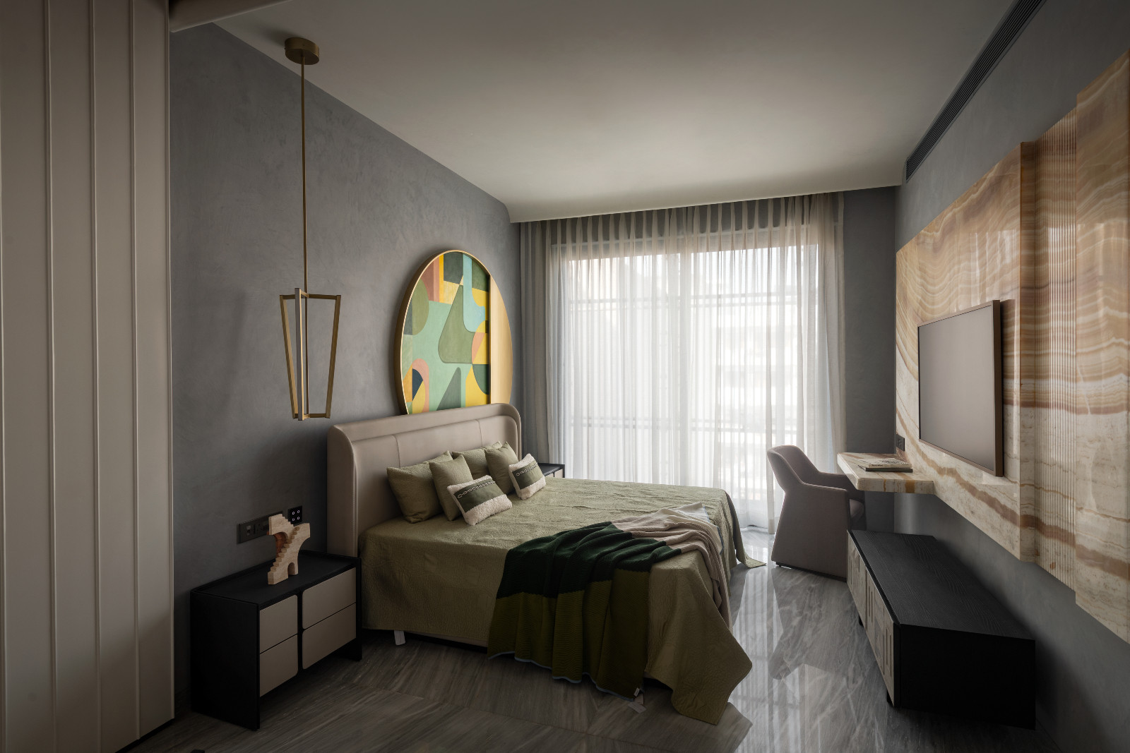 The bedroom of an avant-garde family home with brutalist elements in New Delhi, India designed by Spaces Architects @KA