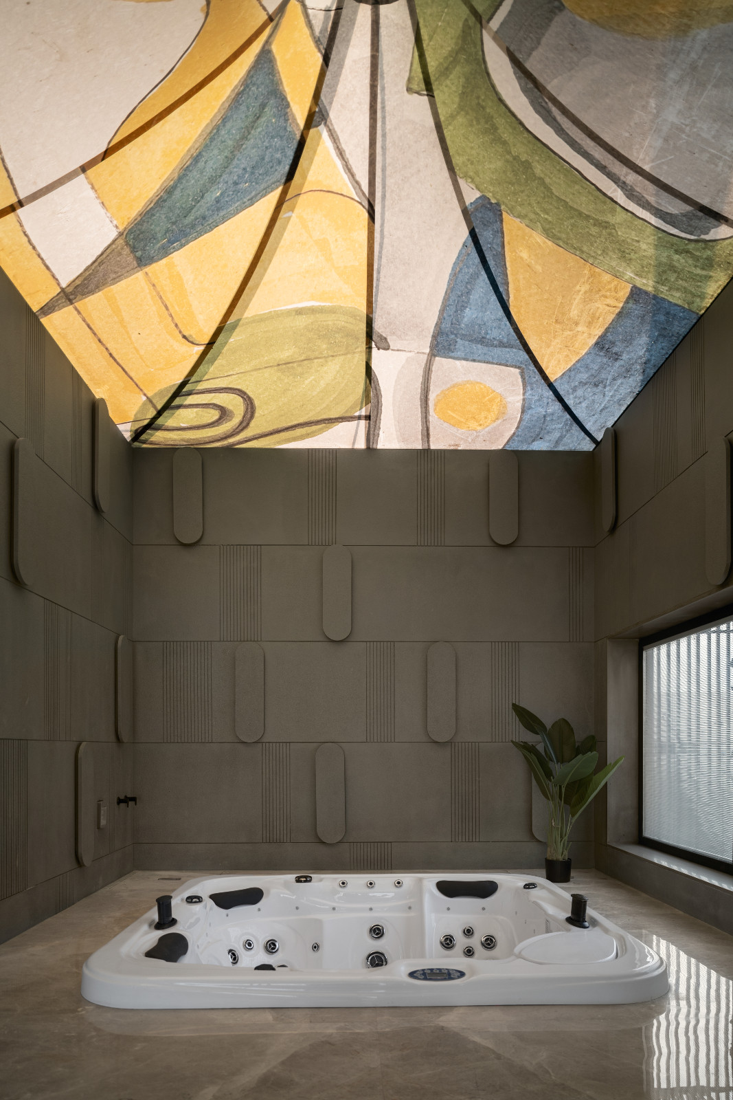 The bathroom of an avant-garde family home with brutalist elements in New Delhi, India designed by Spaces Architects @KA